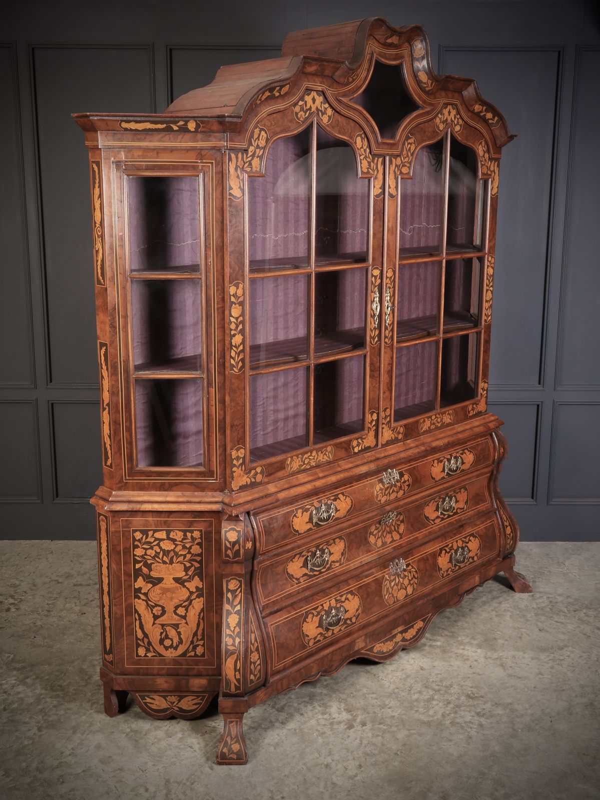 Large Marquetry Inlaid Walnut Bombe Shaped Cabinet photo furniture