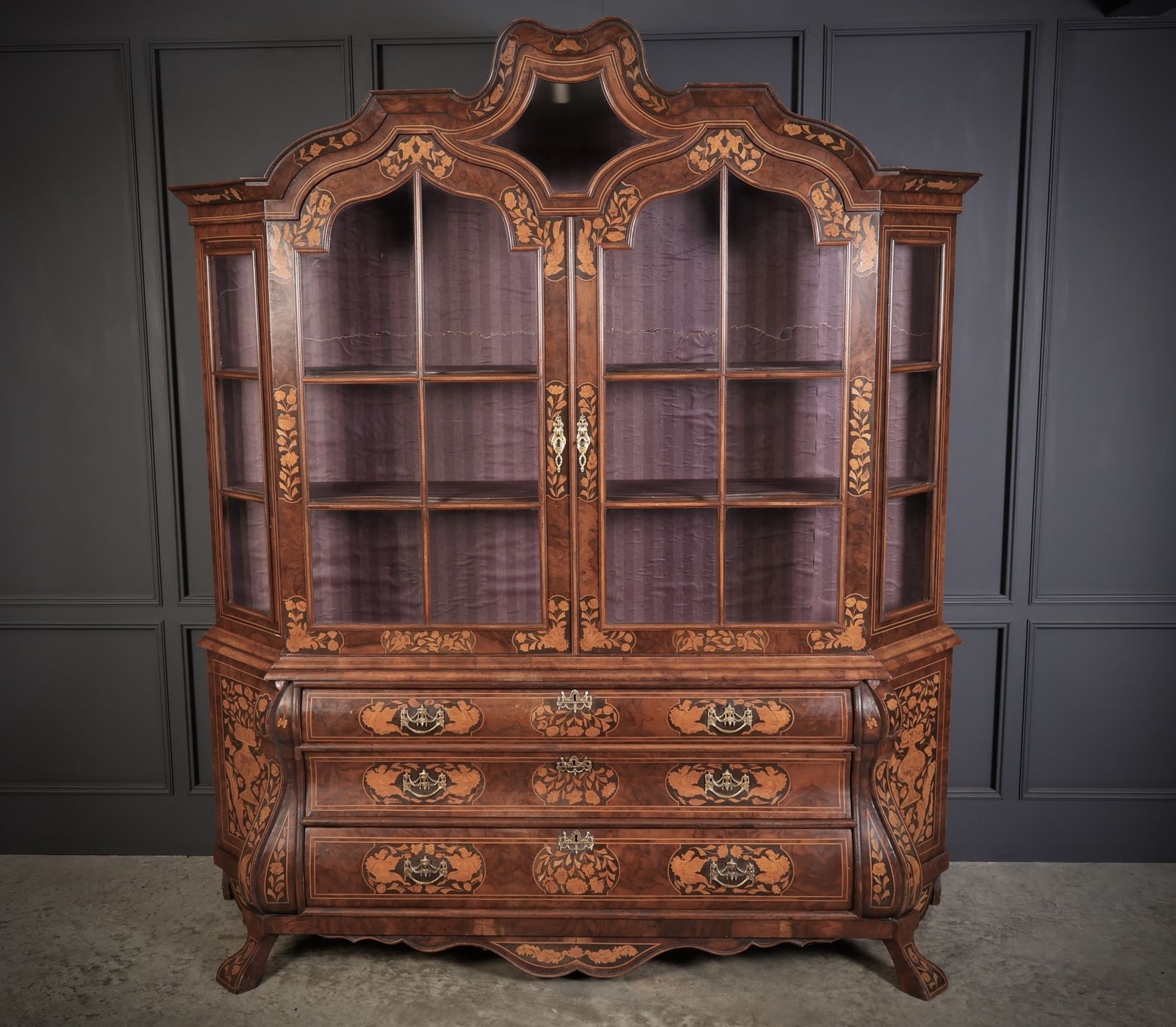 Large Marquetry Inlaid Walnut Bombe Shaped Cabinet