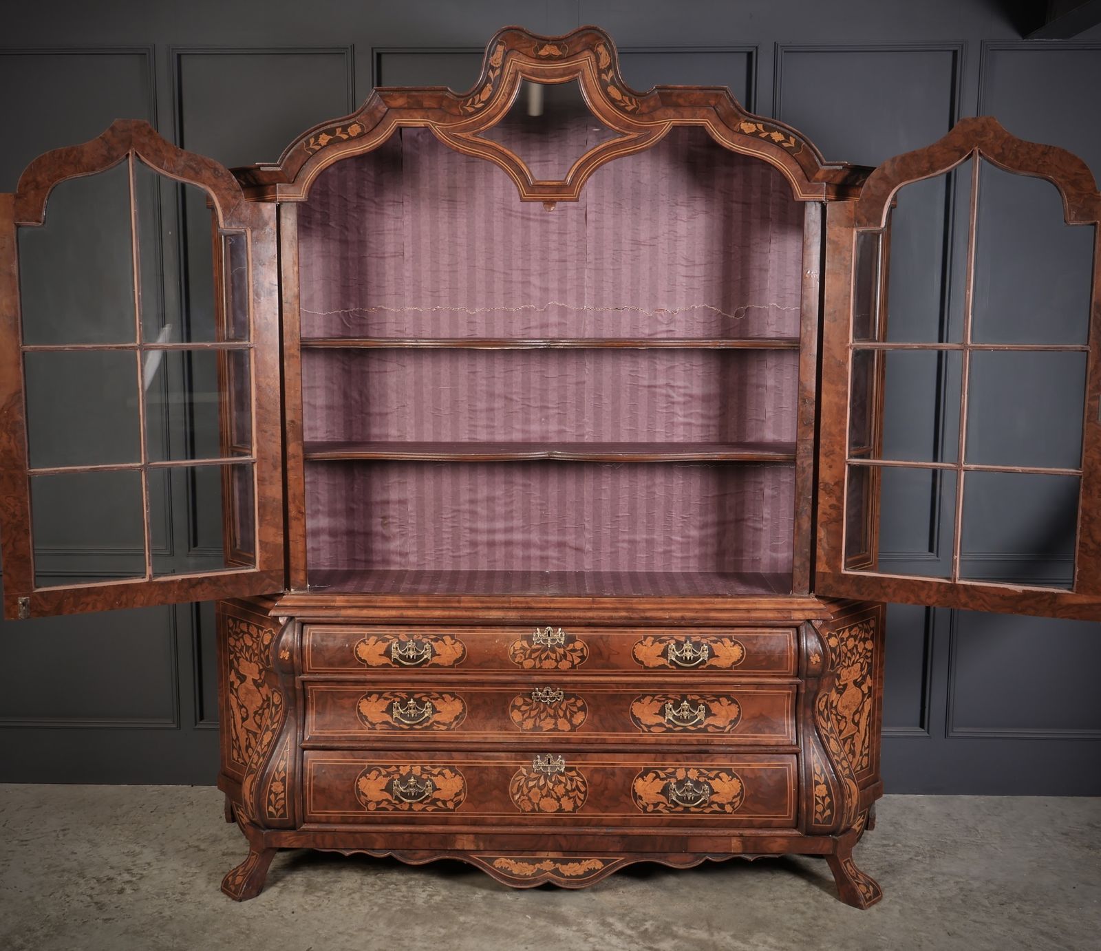 Large Marquetry Inlaid Walnut Bombe Shaped Cabinet photo for sale