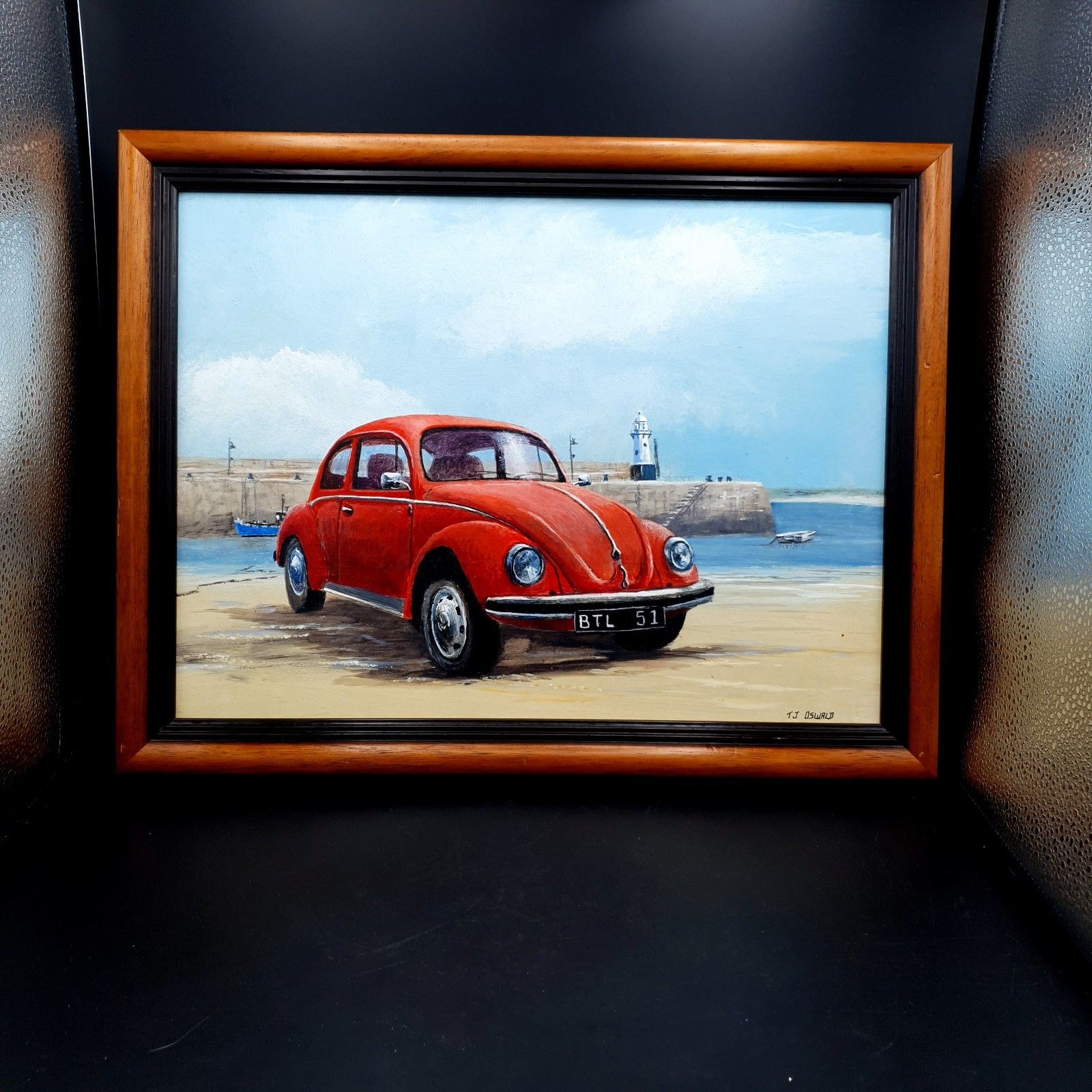 Gesigneerd Tj Oswald Olieverf op Paneel Volkswagen Beetle Auto Ingelijst L46,5 cm x 35,5 cm photo furniture