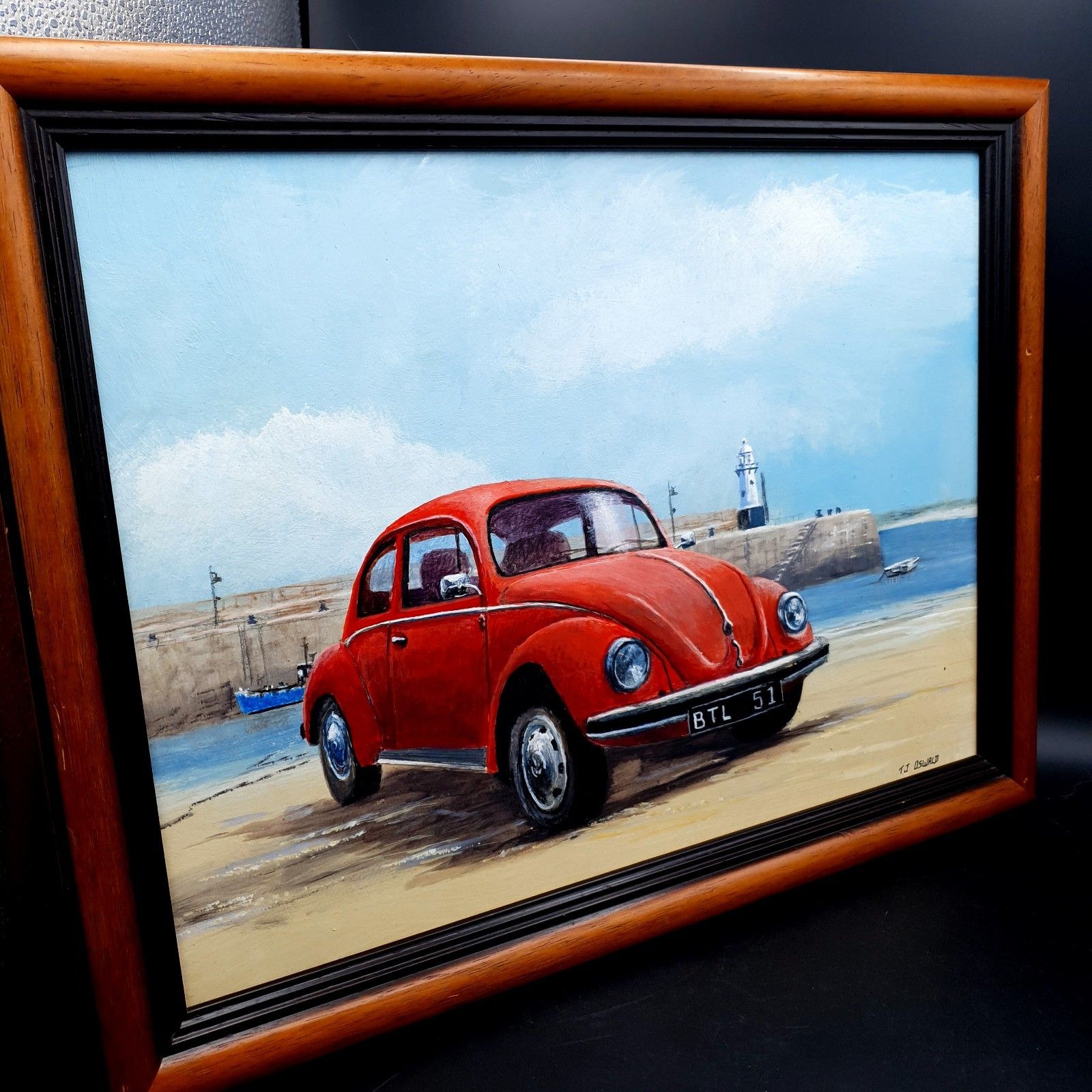 photo vintage Signed Tj Oswald Oil On Board Volkswagen Beetle Car Framed L46.5cmx35.5cm