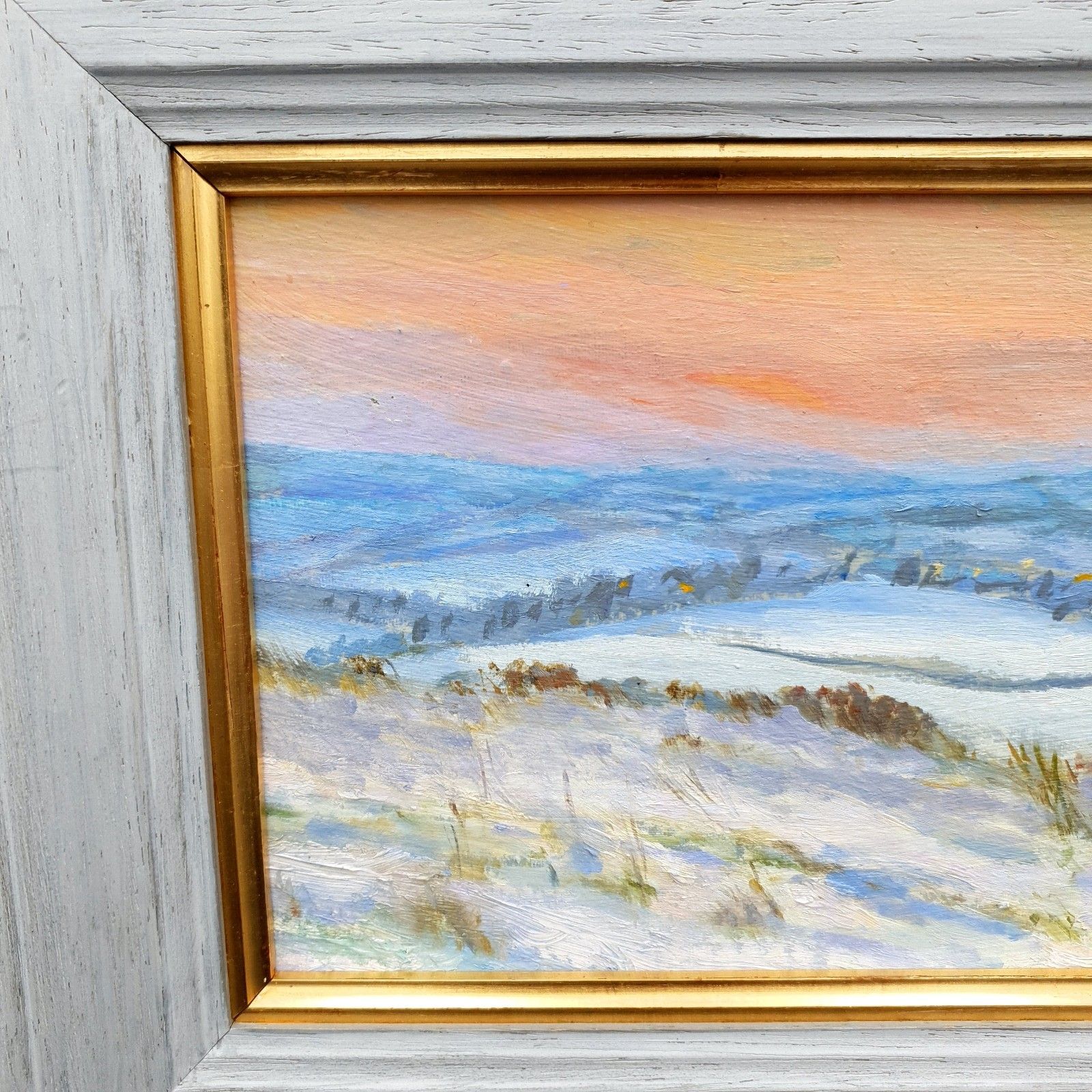 Virginia Albutt Gesigneerd Olieverf op Board Zonsondergang boven Magog Down L35,4xH24,8cm Ingelijst photo Kunst