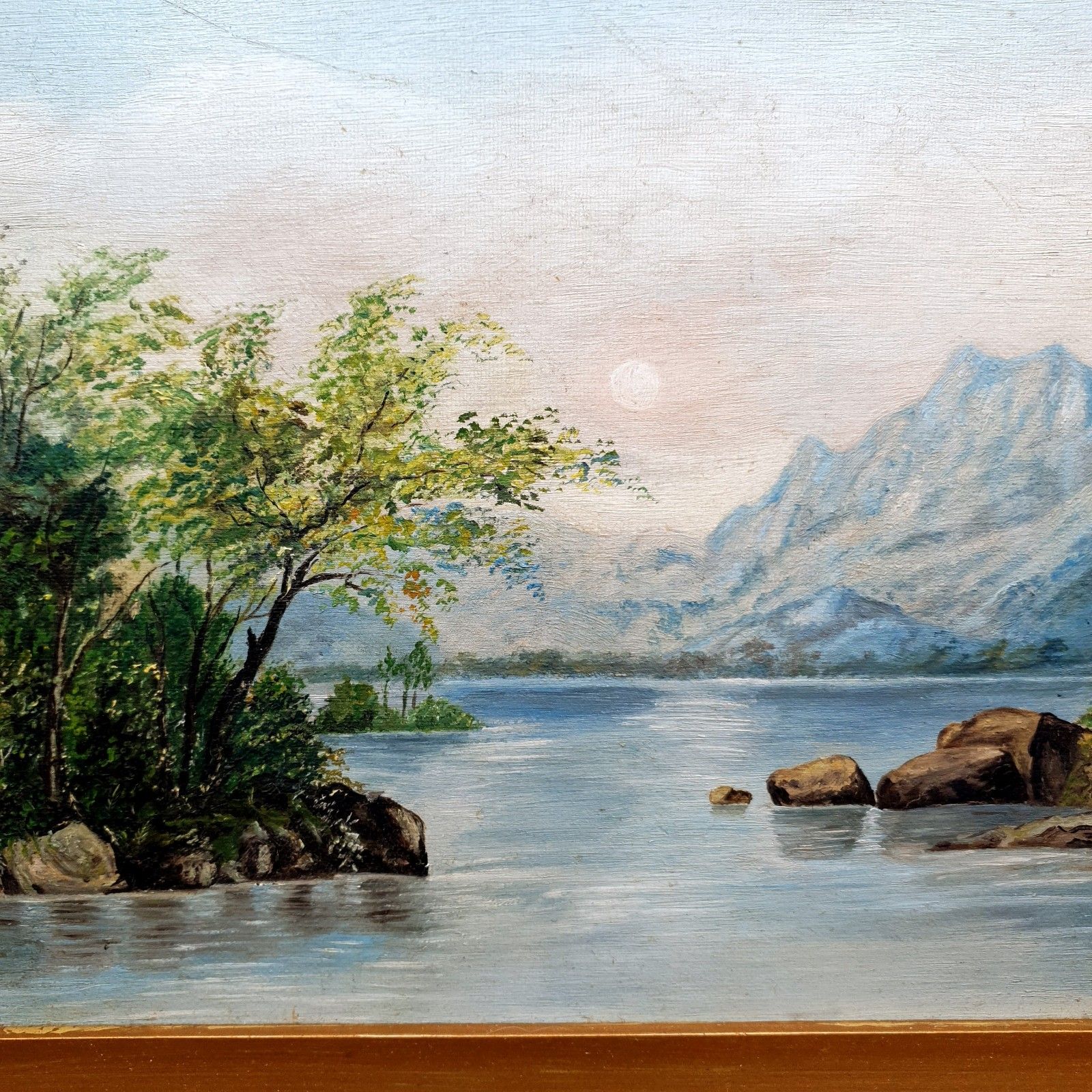 Victoriaans olieverfschilderij op doek, bergmeerlandschap, toegeschreven aan W. B. Charles, ca. 1880 photo buy