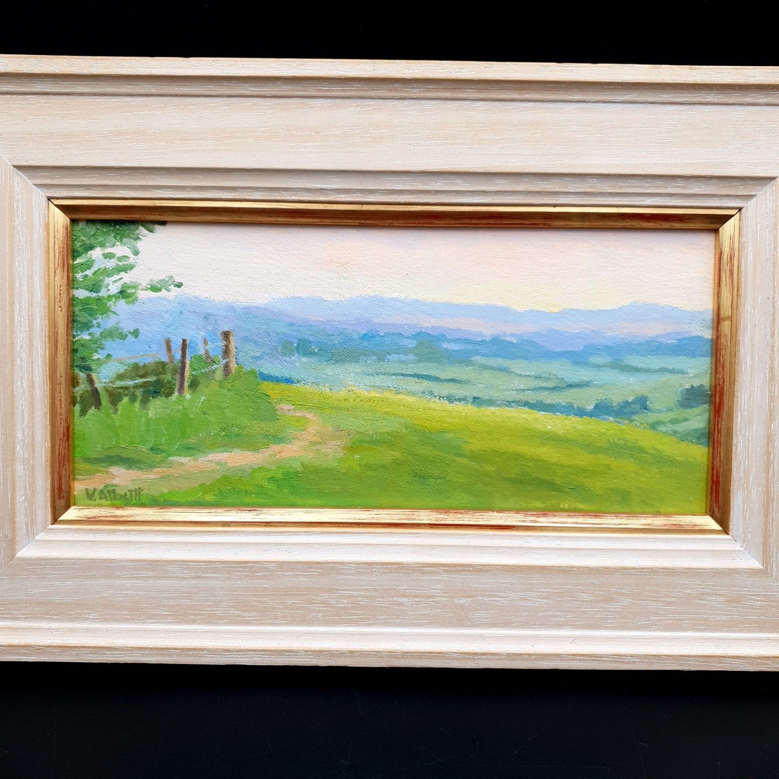 Virginia Albutt Gesigneerd Olieverf Op Board Magog Down Sunset L35,5xH21,4cm Ingelijst photo for sale