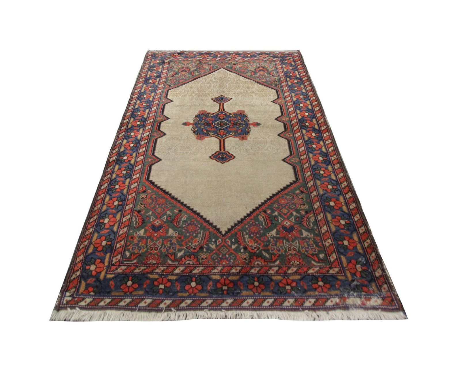 Tapis d'époque caucasien fait main, laine beige, motifs orientaux pour salon photo furniture
