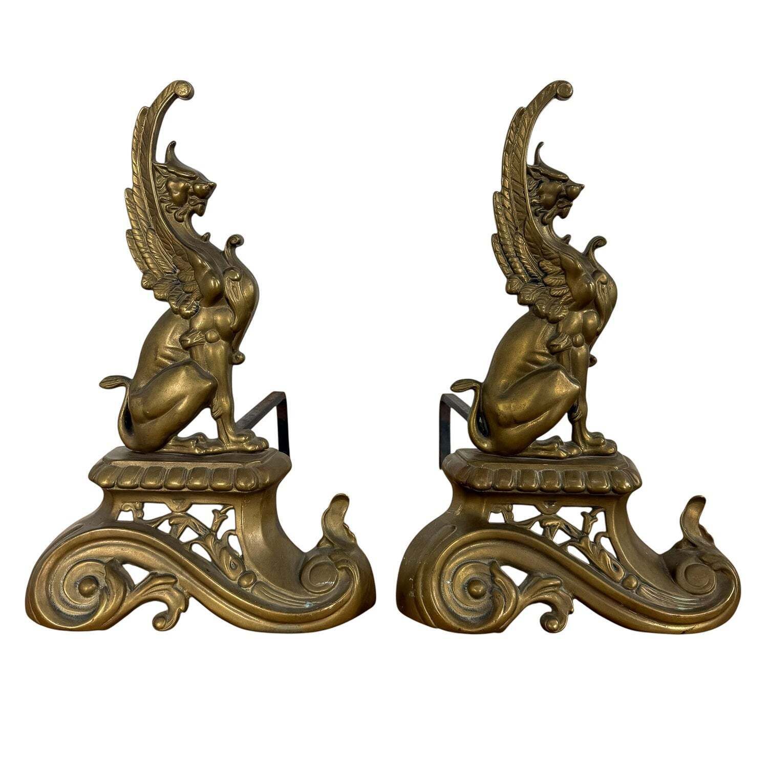 Paar antieke Art Nouveau haardbokkken in messing met griffioenen photo furniture