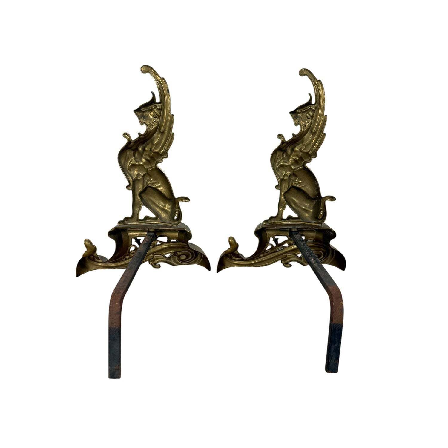 Paar antieke Art Nouveau haardbokkken in messing met griffioenen photo vintage