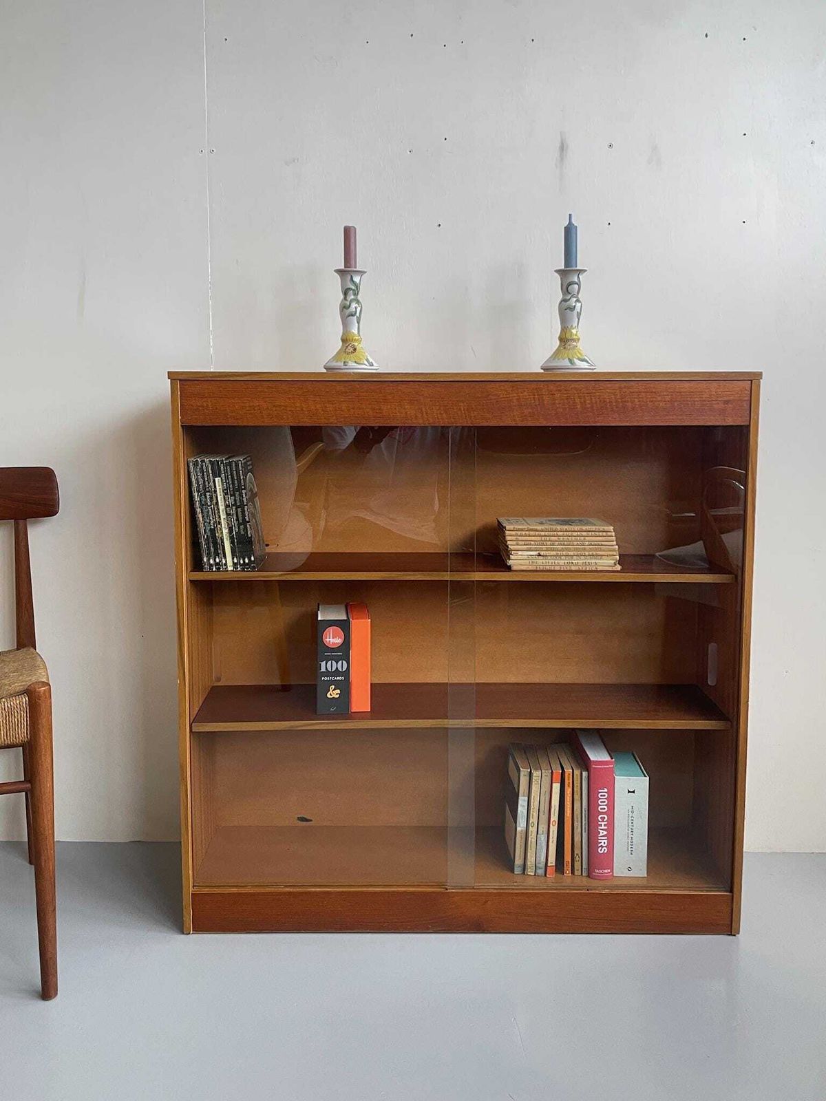 Mid Century Slim Vintage Paperback Bookcase Cabinet Glass Sliding Doors