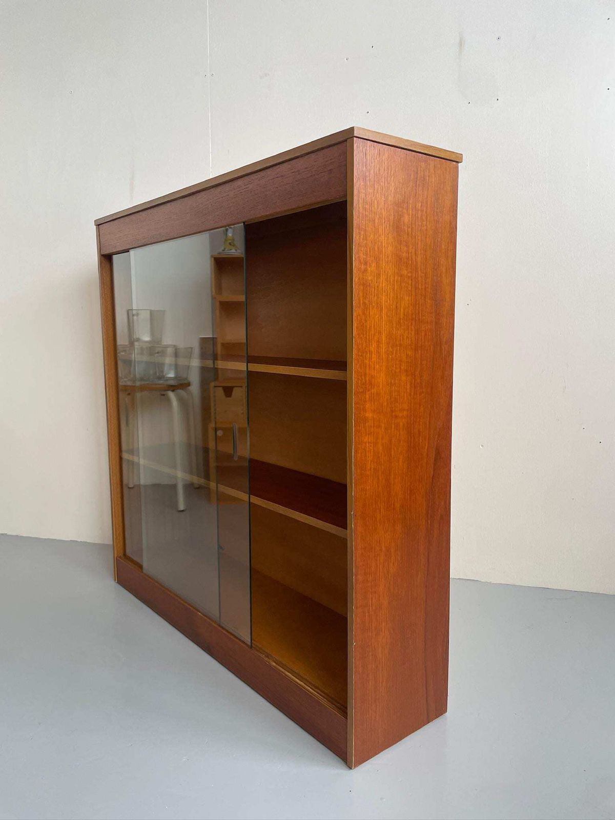 Mid Century Slim Vintage Paperback Bookcase Cabinet Glass Sliding Doors photo furniture