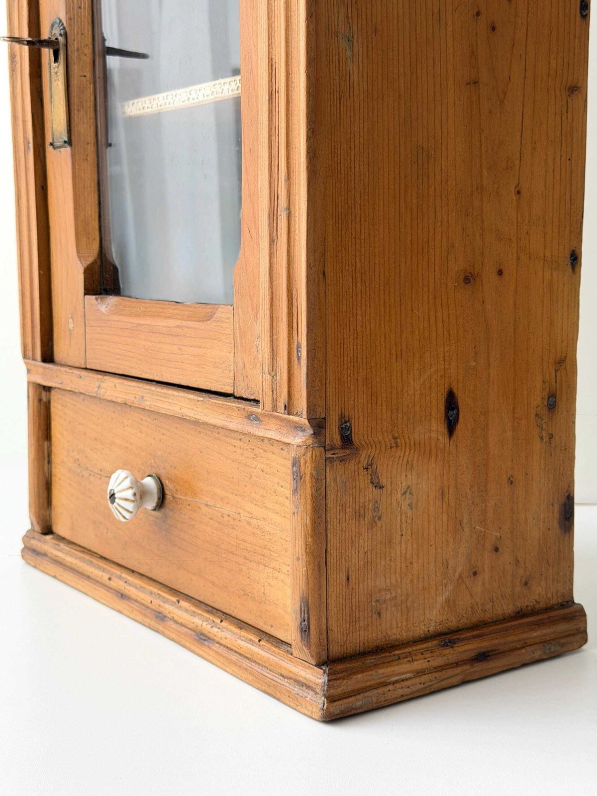 Antique Pine Hanging Cabinet With Glass Door, Lock & Key, Rustic Wall Cabinet With Drawer, Farmhouse Cupboard photo 826.0