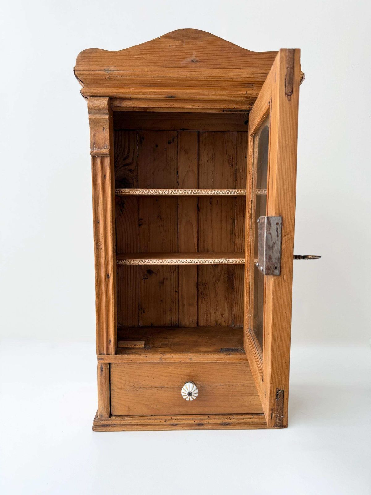 Antique Pine Hanging Cabinet With Glass Door, Lock & Key, Rustic Wall Cabinet With Drawer, Farmhouse Cupboard photo vintage