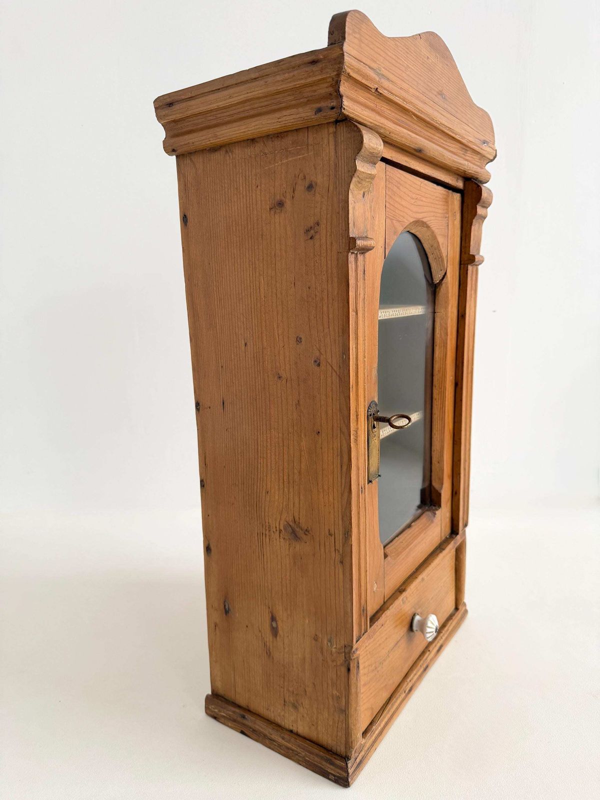 photo vinterior Antique Pine Hanging Cabinet With Glass Door, Lock & Key, Rustic Wall Cabinet With Drawer, Farmhouse Cupboard