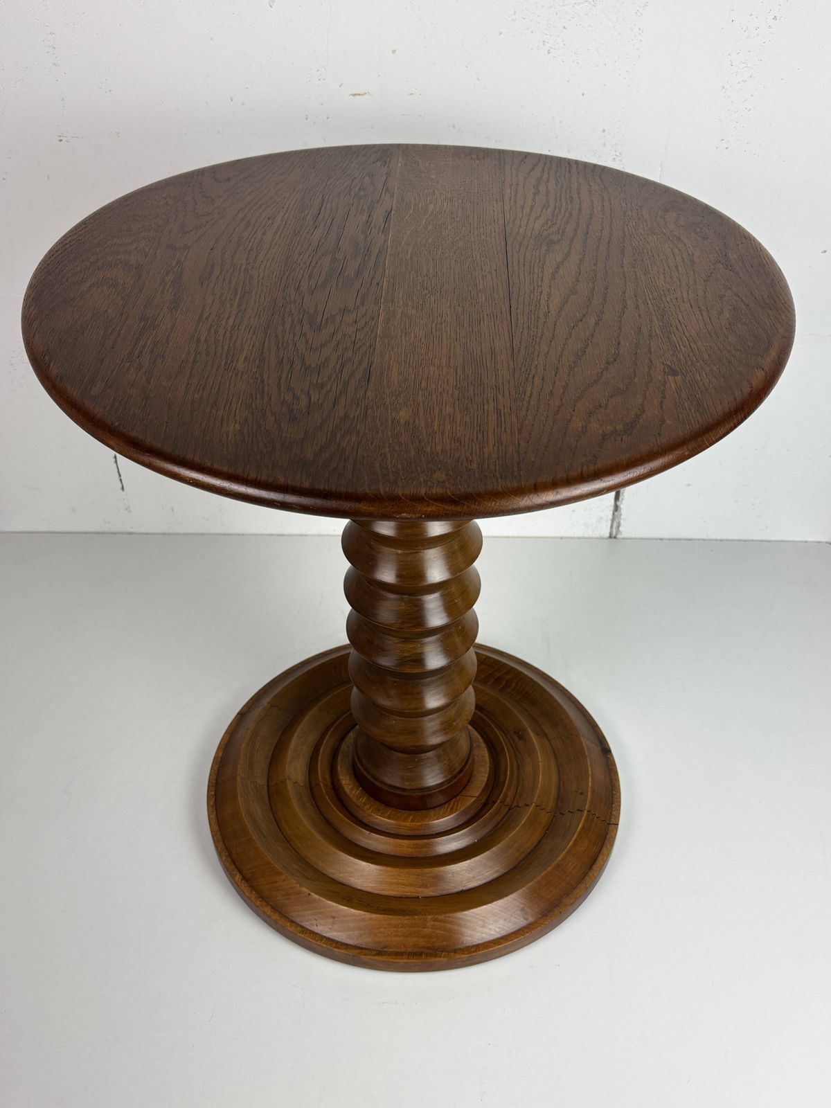 photo furniture Midcentury Brutalist Wood Turned Side Table In The Style Of Charles Dudouyt