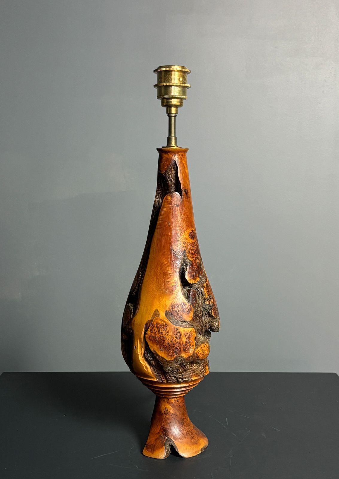 Sculptural Artisanal Brutalist Midcentury Burl Wood Turned Table Lamp 1960s photo furniture