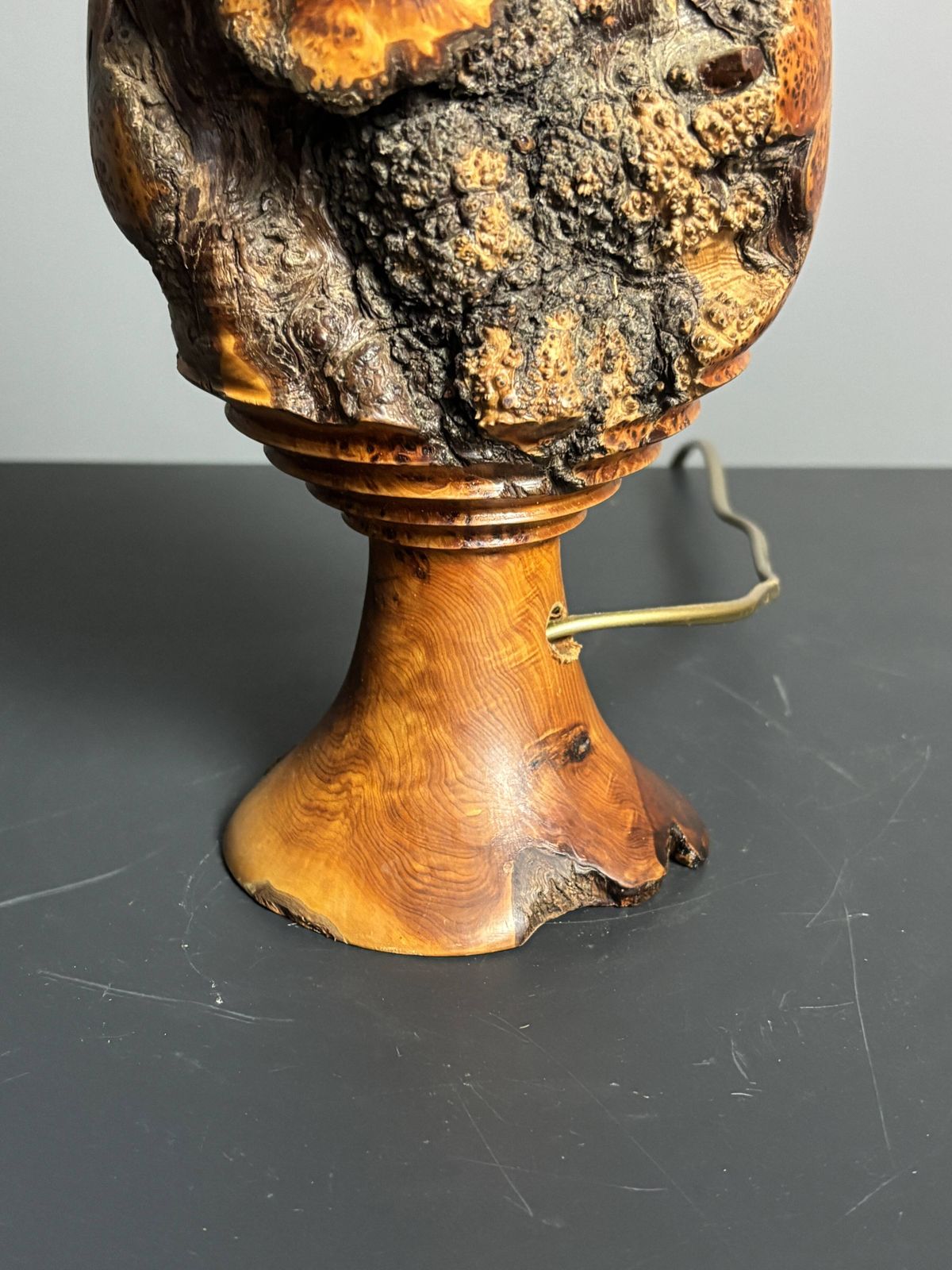photo for sale Sculptural Artisanal Brutalist Midcentury Burl Wood Turned Table Lamp 1960s