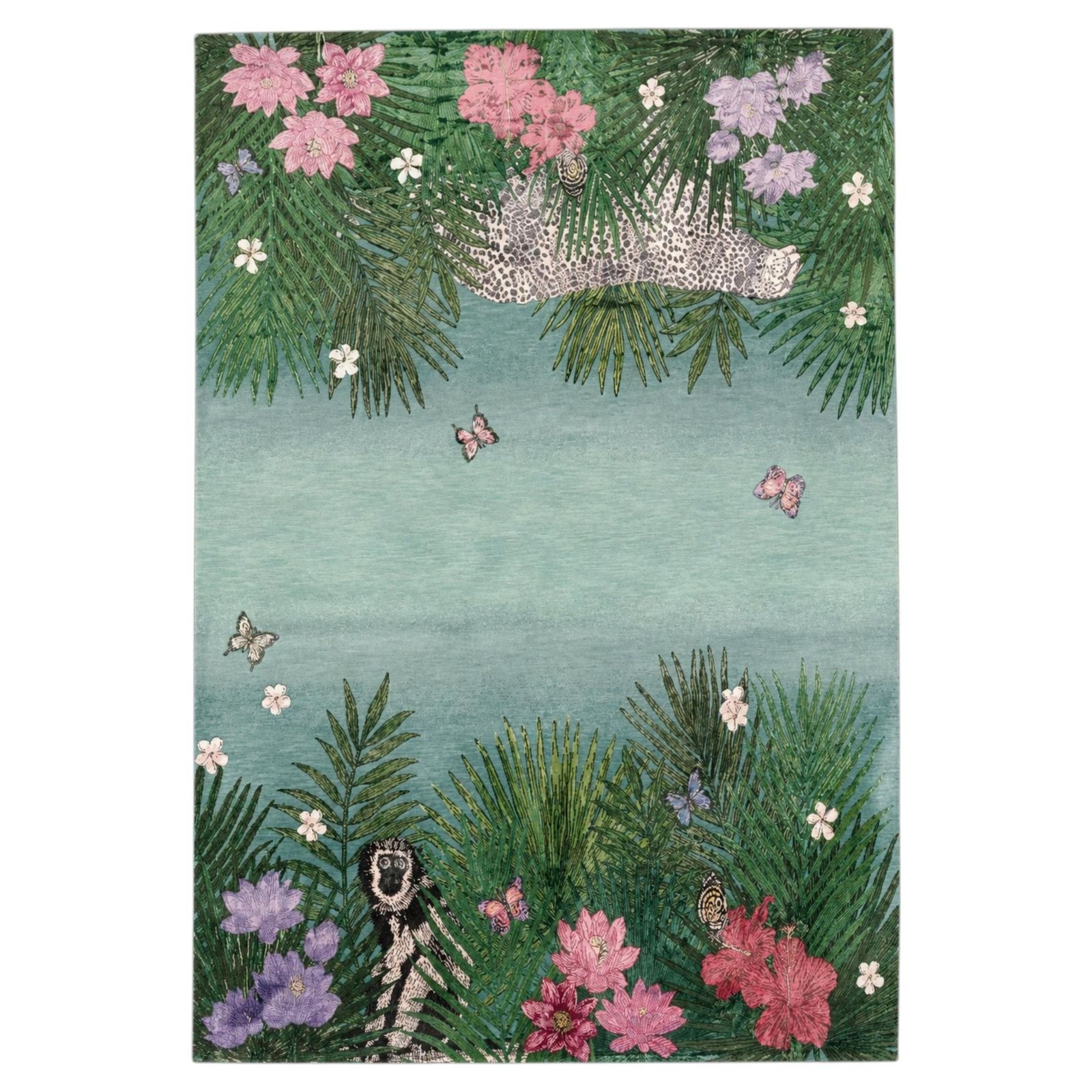 Tapis de luxe noué à la main en soie, motif jungle tropicale, léopard et singe