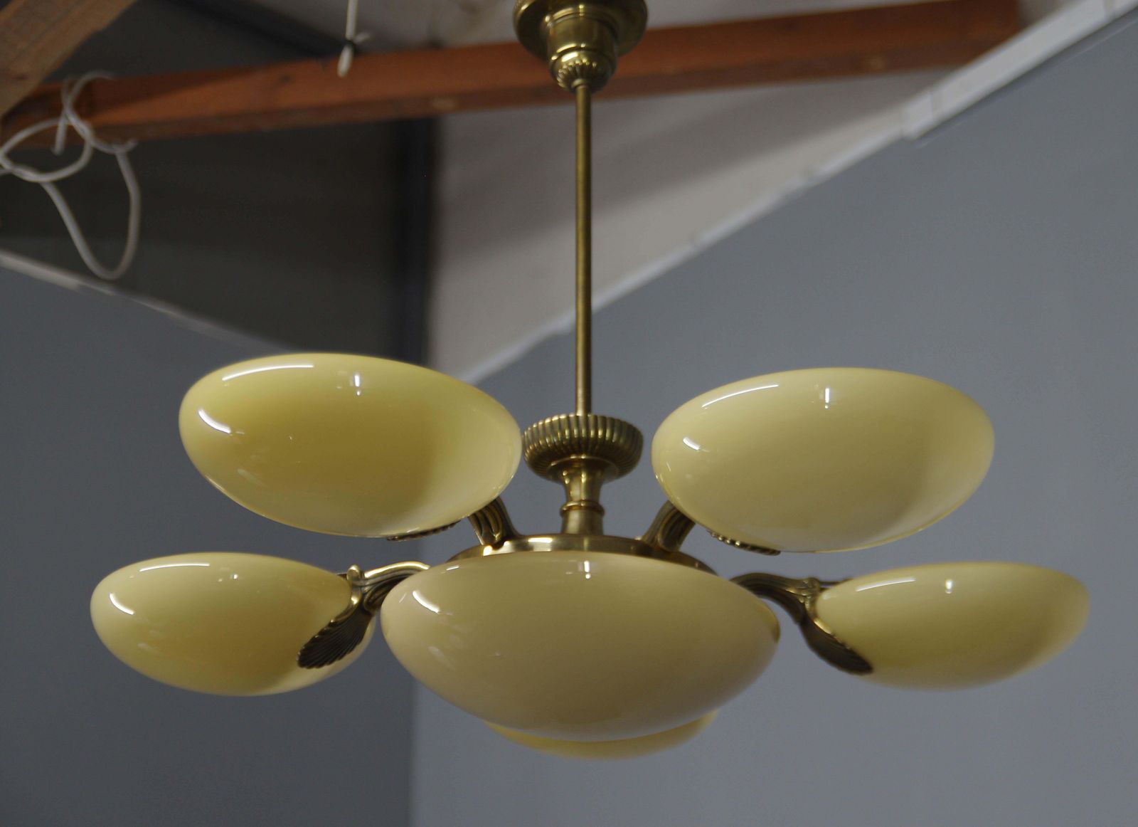 1954.0 Art Nouveau Six Light Brass Chandelier By Jencik, Czechoslovakia, 1920s, Labeled photo