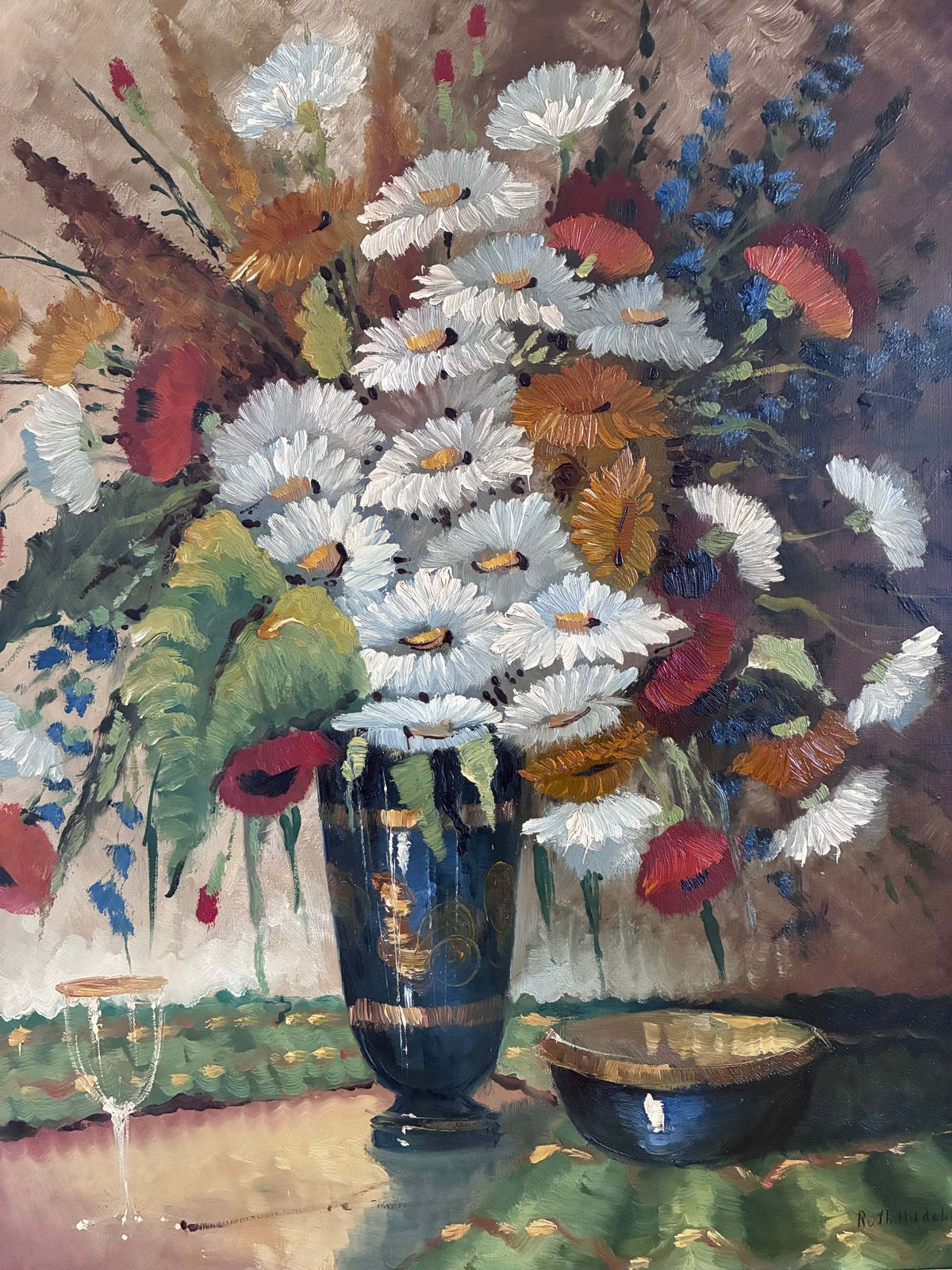 Peinture à l'huile florale vintage, bouquet de fleurs sauvages dans un vase bleu photo for sale