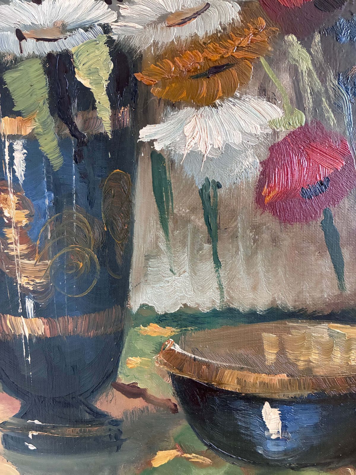 Art Peinture à l'huile florale vintage, bouquet de fleurs sauvages dans un vase bleu photo