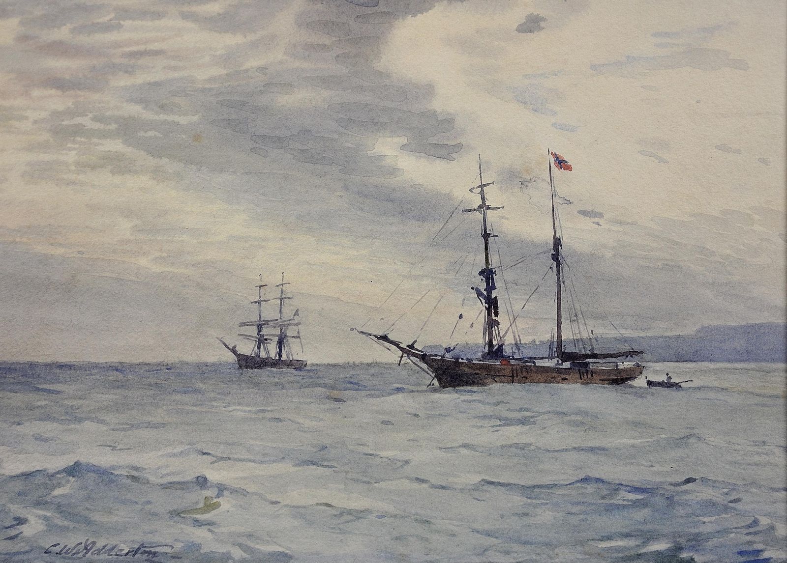 Charles William Adderton 1866 To 1944. Norwegian Barques At Anchor, Lyme Bay, Devon And Dorset. Framed Victorian Marine Watercolour Painting. photo furniture