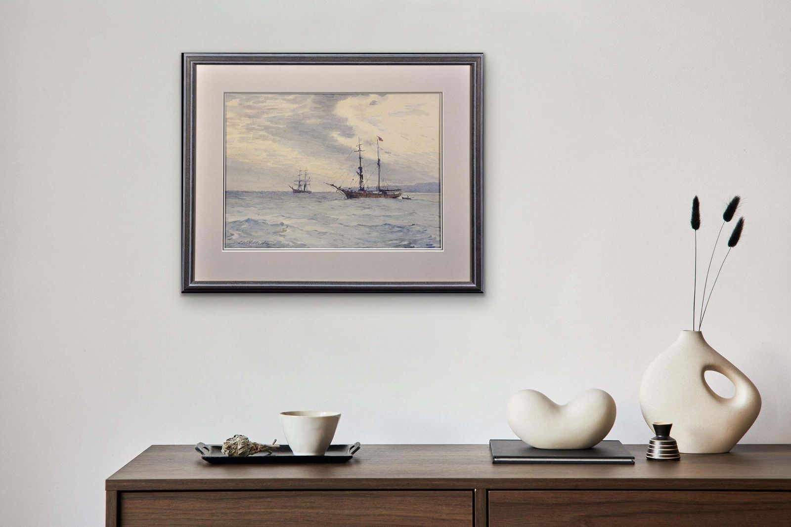 Charles William Adderton, 1866-1944. Barques norvégiennes à l'ancre, Lyme Bay, Devon et Dorset. Aquarelle marine victorienne encadrée. photo vinterior