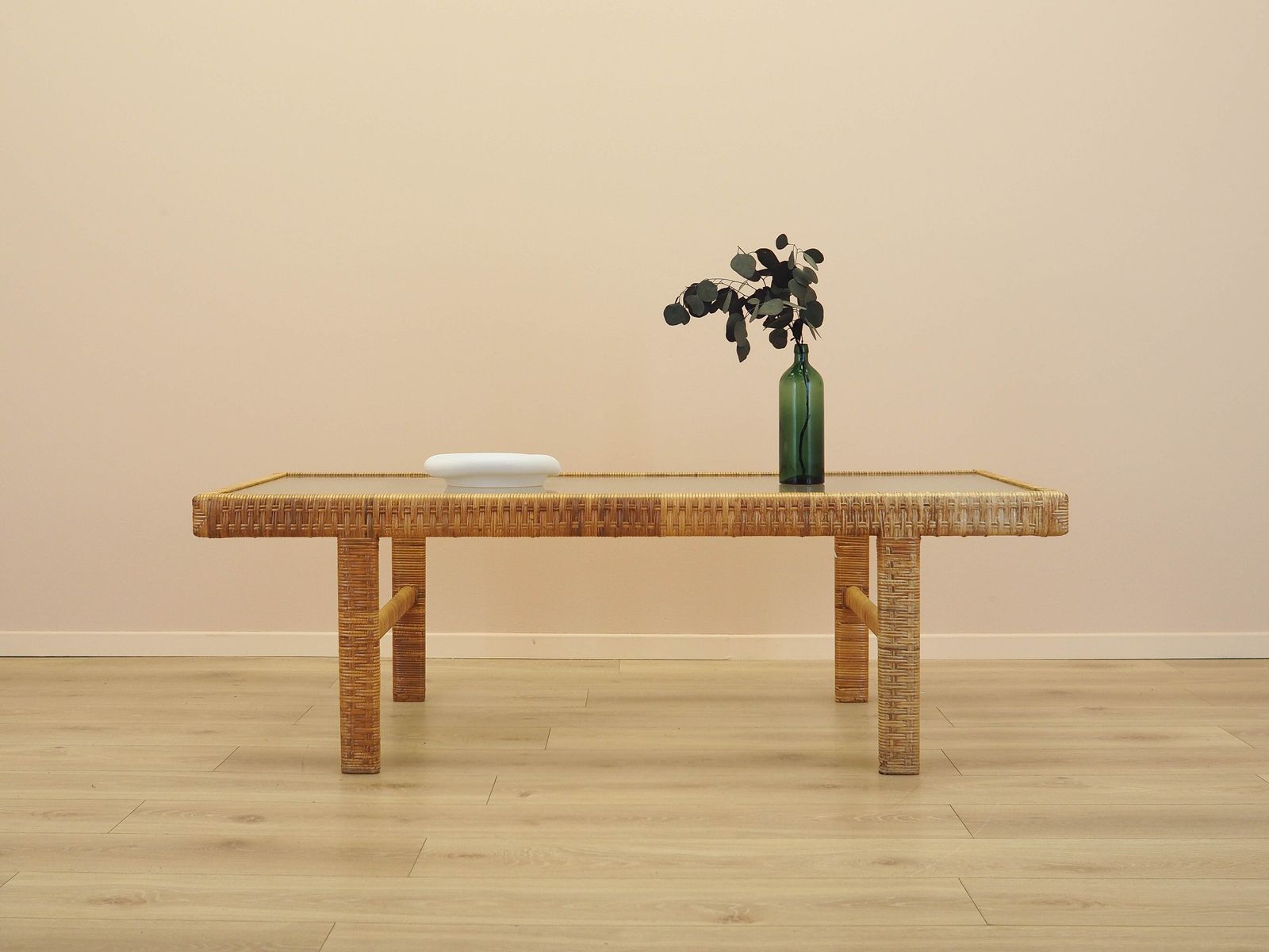 Glass And Wicker Side Table, Danish Design, 1970s, Made In Denmark photo for sale