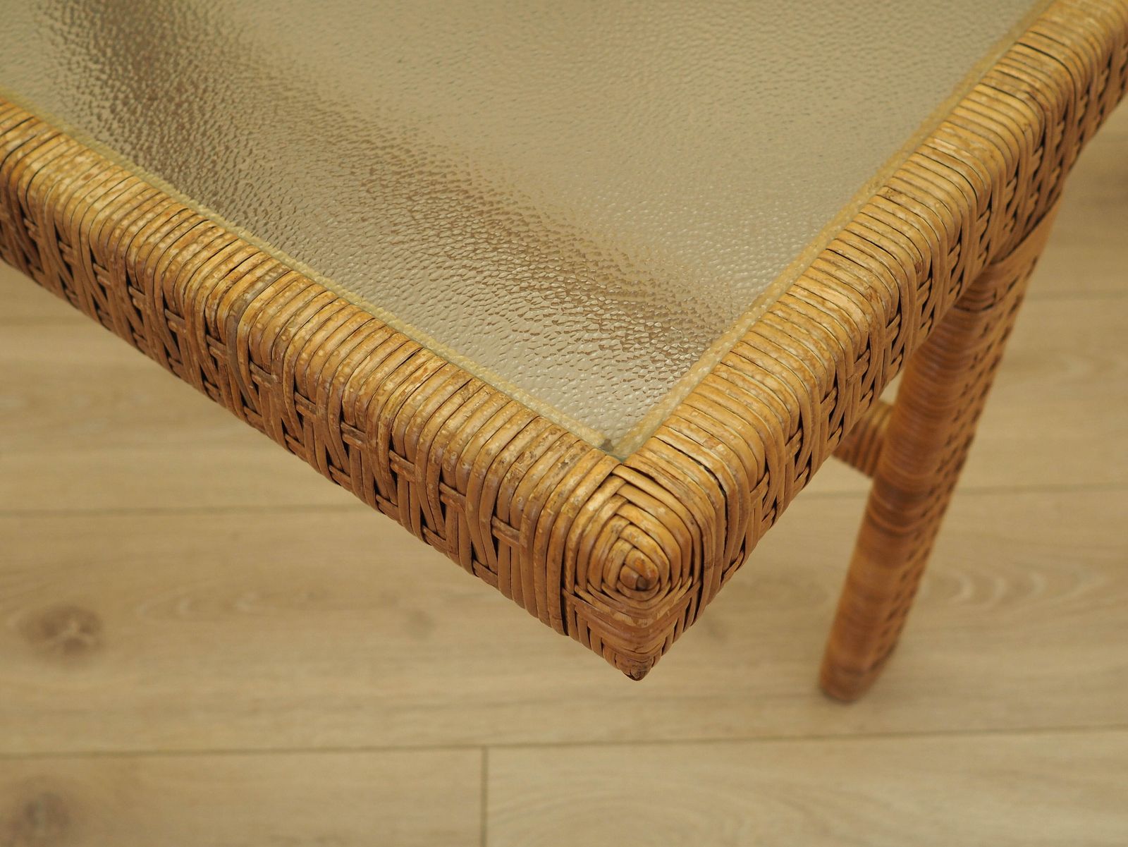 Glass And Wicker Side Table, Danish Design, 1970s, Made In Denmark photo vintage