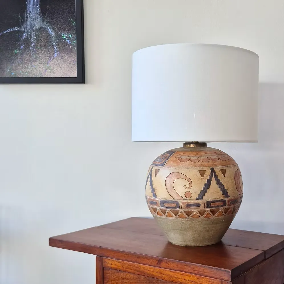 1970's French Painted Terracotta Lamp: Mid Century Modernist Brutalist Style