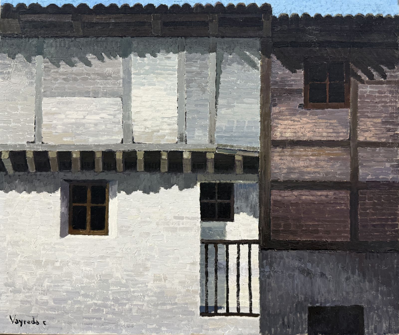 Josep Maria Vayreda Canadell, peinture à l'huile, village espagnol, maisons blanches et balcons en bois, années 1990