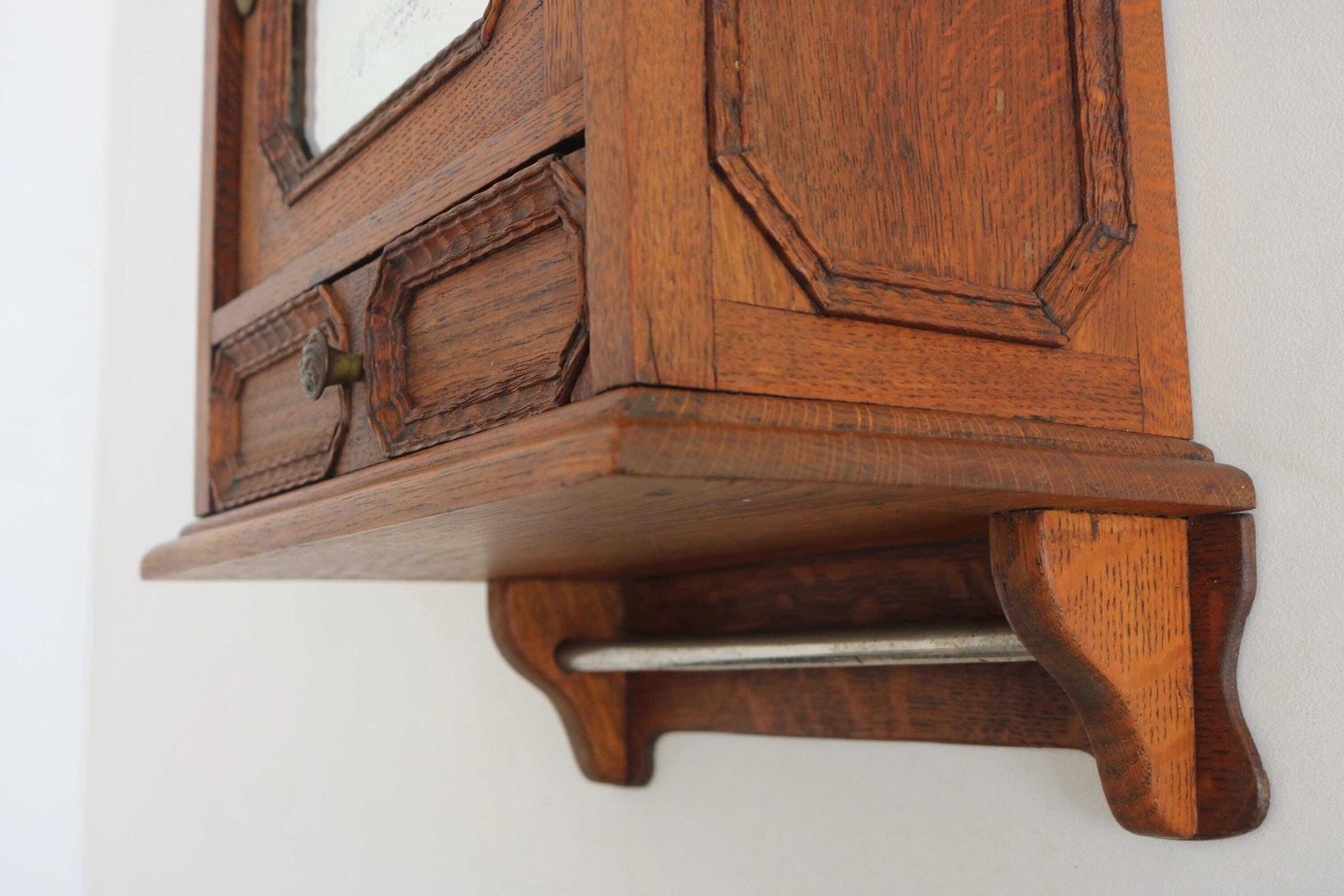 photo furniture Antique Oak Bathroom Cabinet Mirror Wall Cabinet Secret Compartment Drawer
