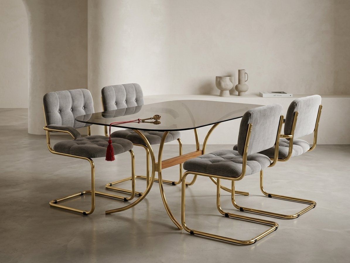 Italian Modern Gray Tufted Chairs And Glass Table, 1970s, Set Of 5 photo furniture