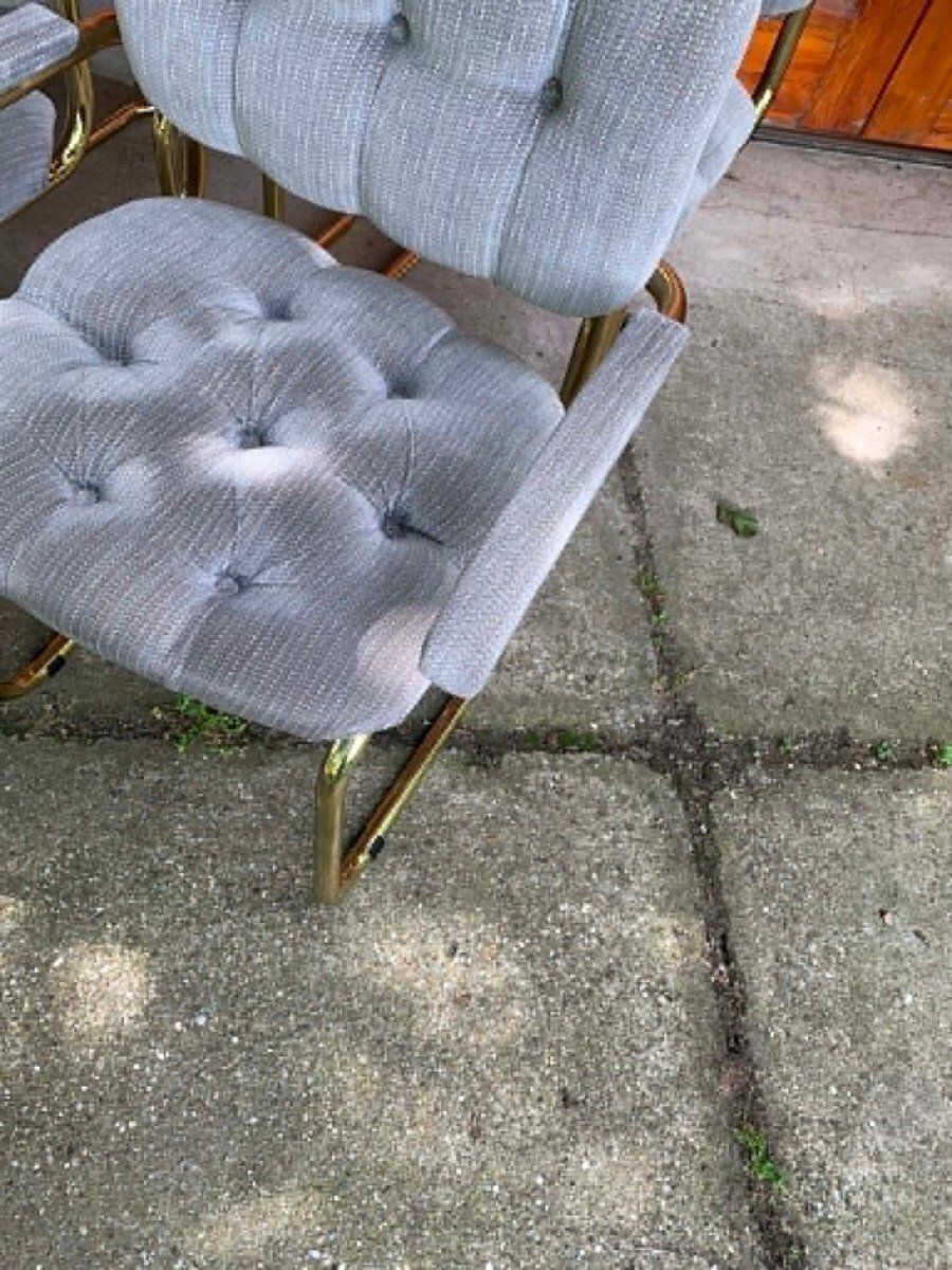 Italian Modern Gray Tufted Chairs And Glass Table, 1970s, Set Of 5 photo for sale