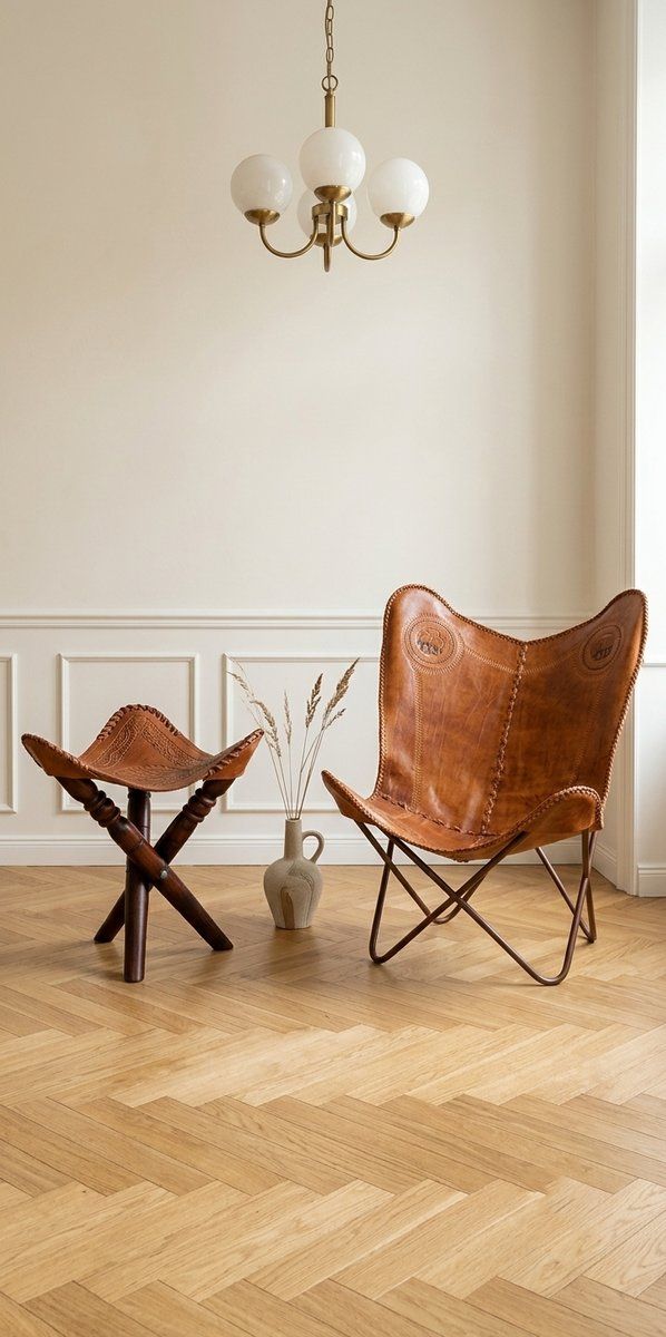 Set Of Hand Crafted Leather Butterfly Chair And Ottoman With Traditional Elephant Embossing photo furniture