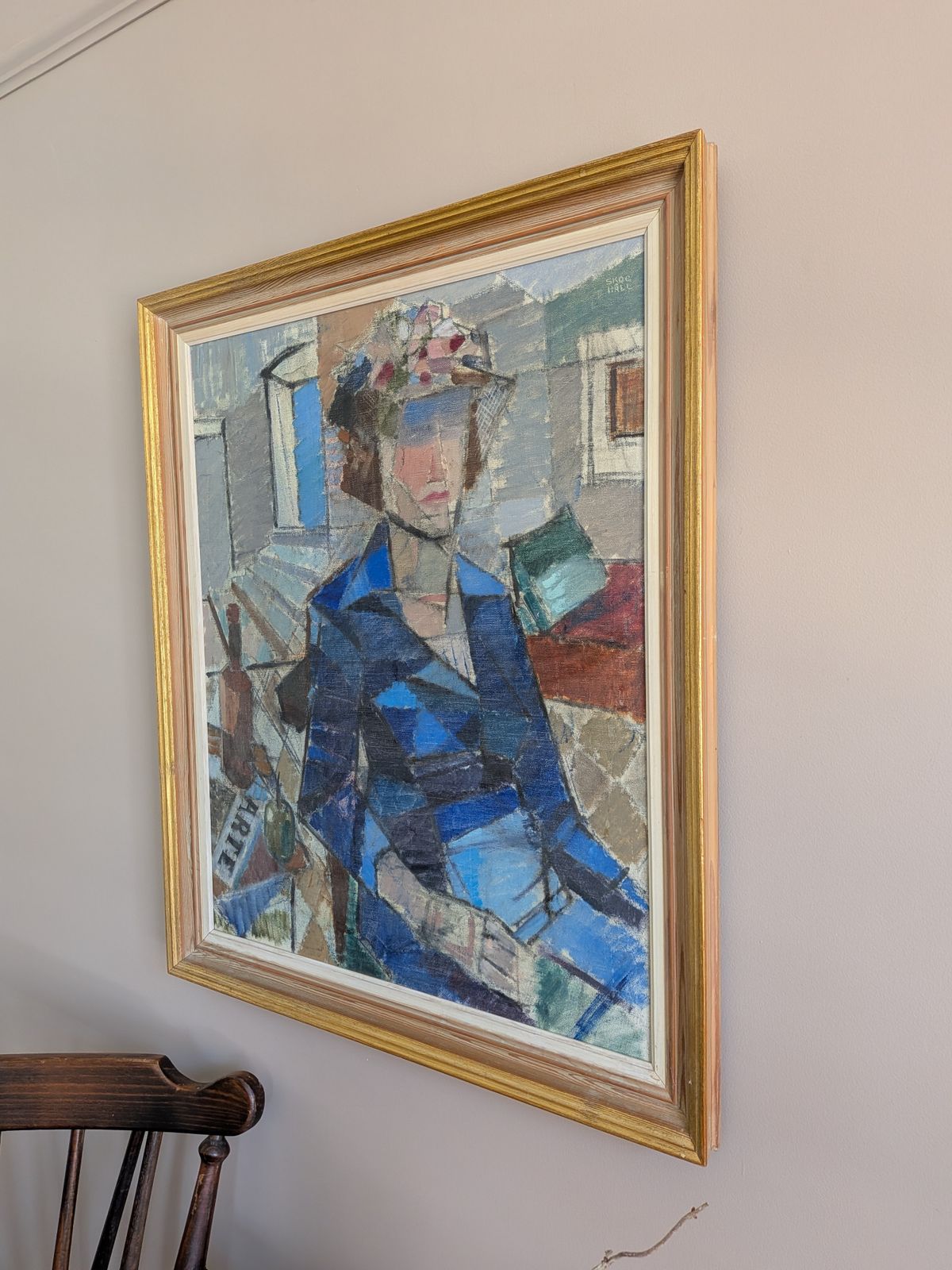 Vrouw in een blauwe jas, olieverfschilderij photo Kunst