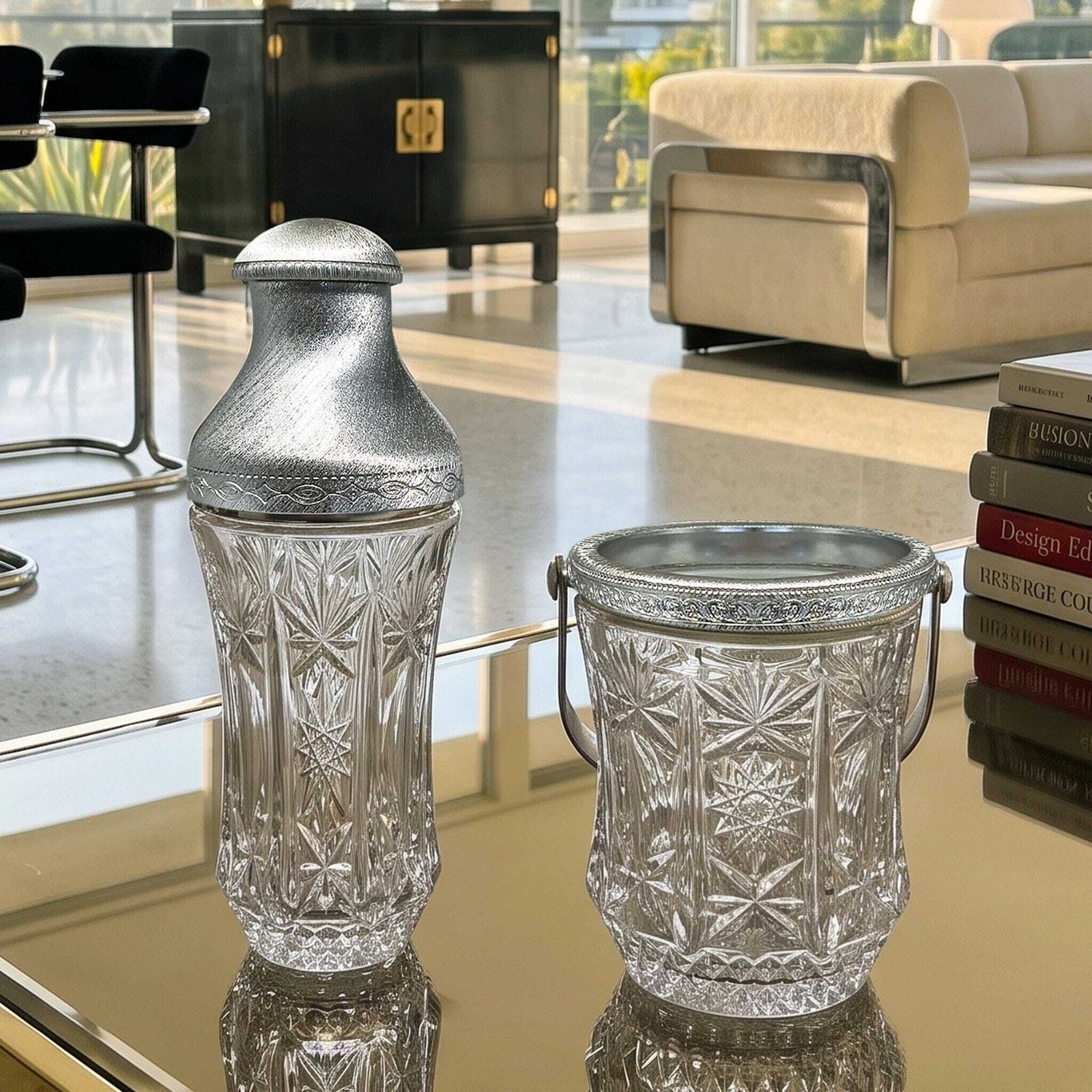 Service à cocktail mid-century en cristal taillé et métal brossé, par Arir, Italie, années 1960 photo for sale