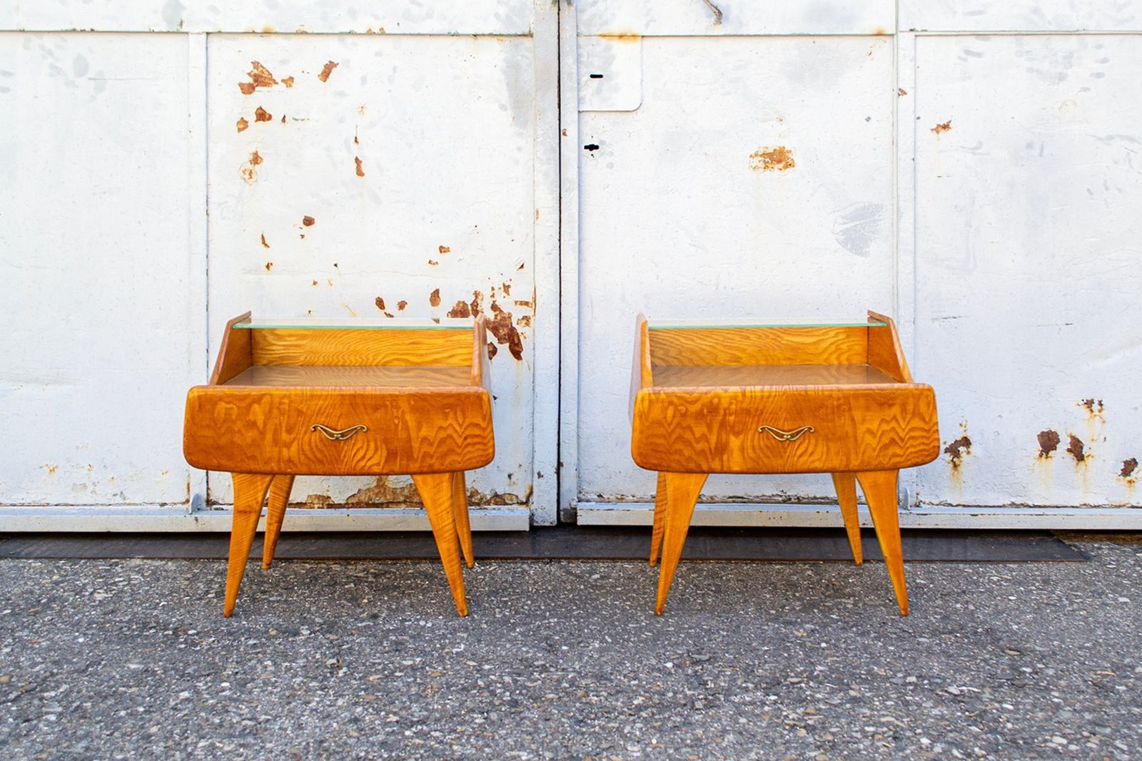 Vintage Bedside Tables In Wood And Glass, Italy, 1950s, Set Of 2