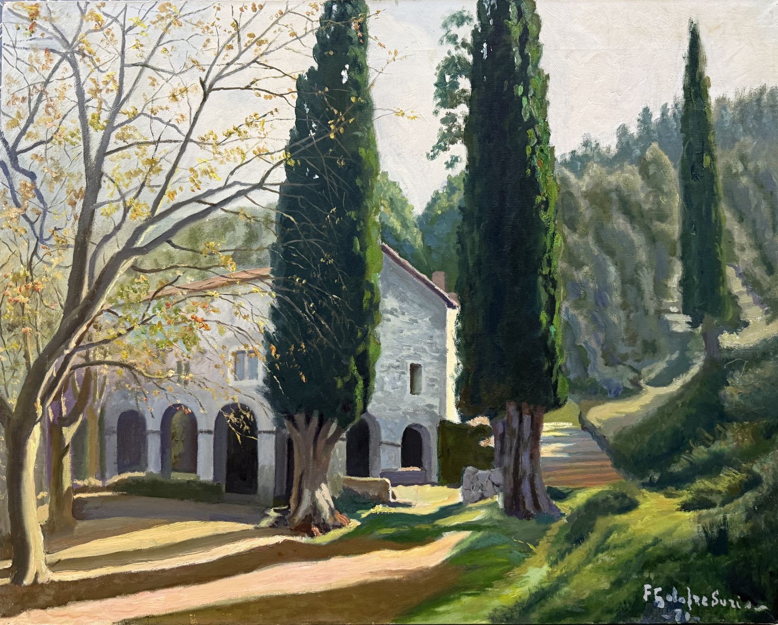 Francesc Galofré Surís – Mediterraan Catalaans landschap met hermitage en cipressen, olieverfschilderij, Spanje 1970