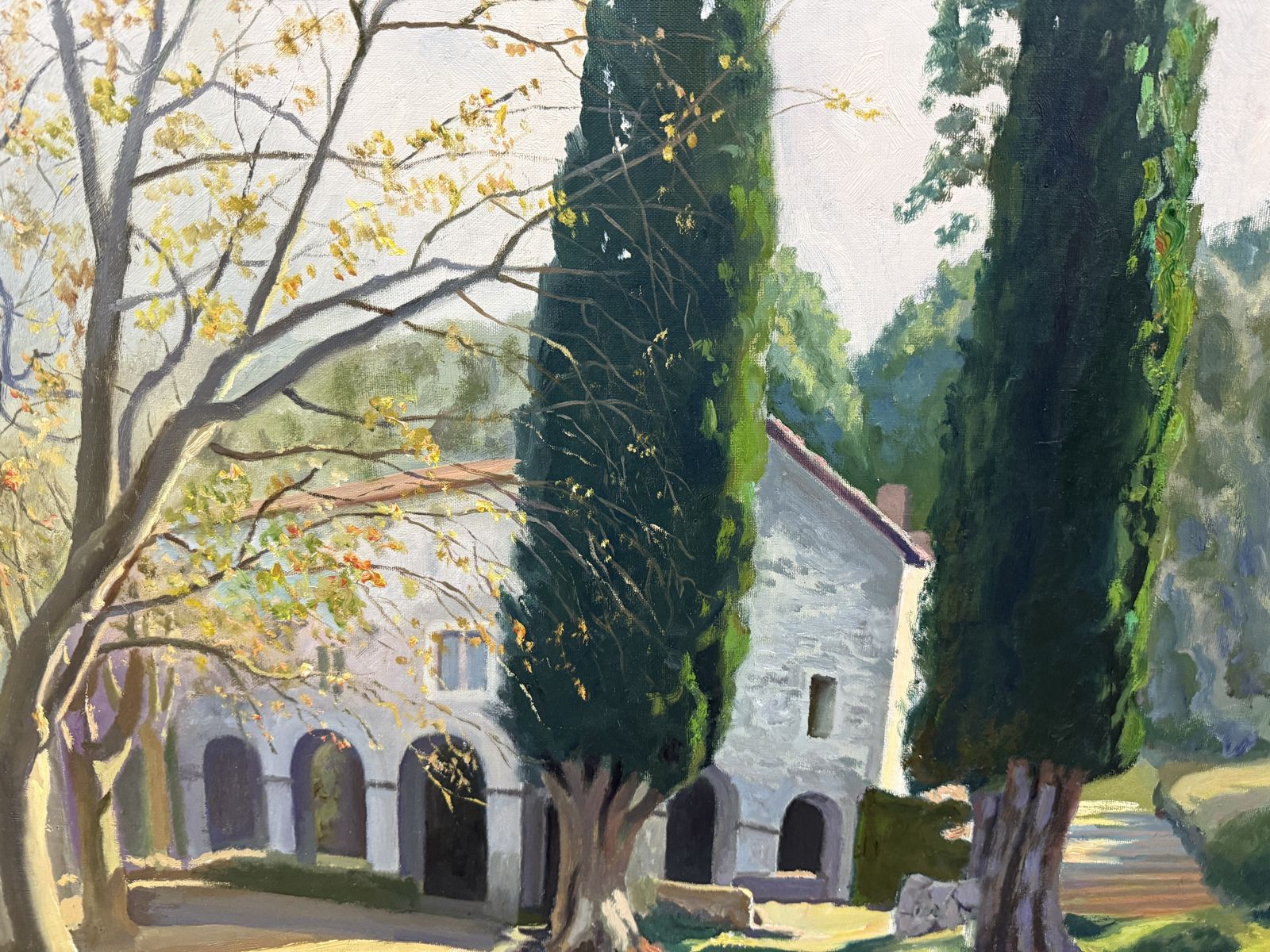 Francesc Galofré Surís – Mediterraan Catalaans landschap met hermitage en cipressen, olieverfschilderij, Spanje 1970 photo vinterior