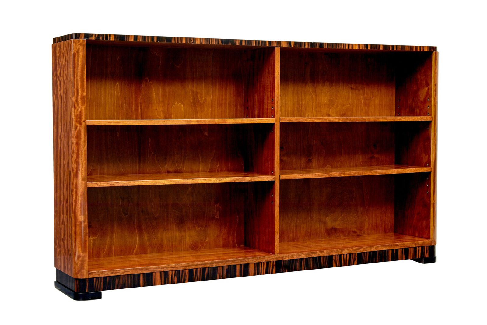 Mid-Century Scandinavisch teakhouten en zebrahouten lage open boekenkast
