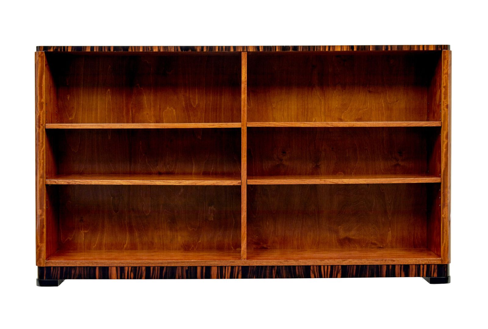 Mid-Century Scandinavisch teakhouten en zebrahouten lage open boekenkast photo furniture
