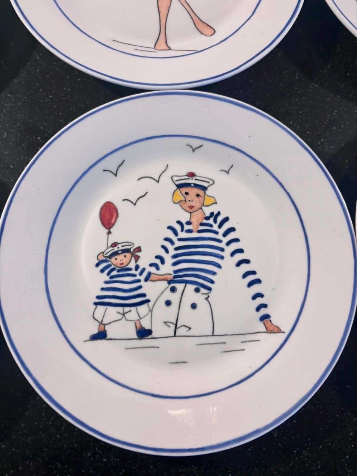 photo for sale Set Of 8 Hand Painted French Porcelain Plates, Rue Du Port Inspired Sailor Dessert Plates, Nautical Coastal Tableware