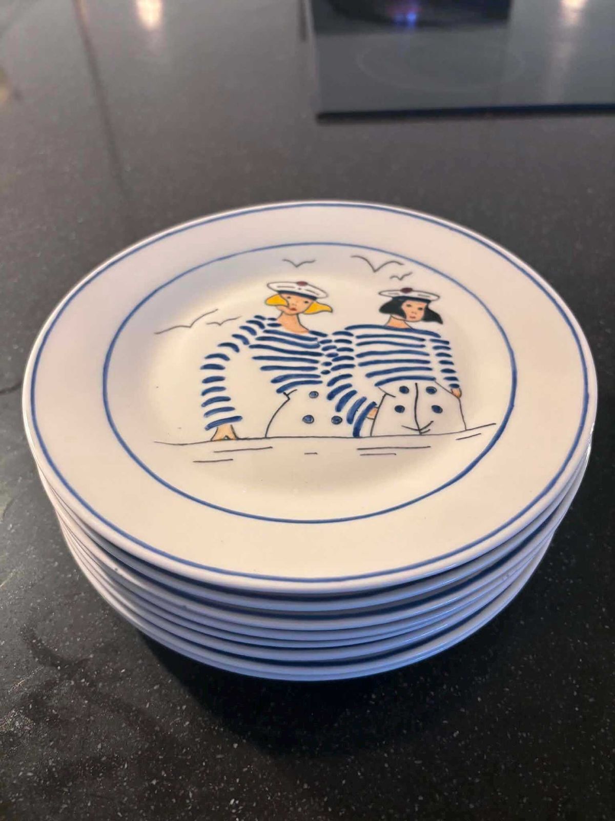 photo buy Set Of 8 Hand Painted French Porcelain Plates, Rue Du Port Inspired Sailor Dessert Plates, Nautical Coastal Tableware