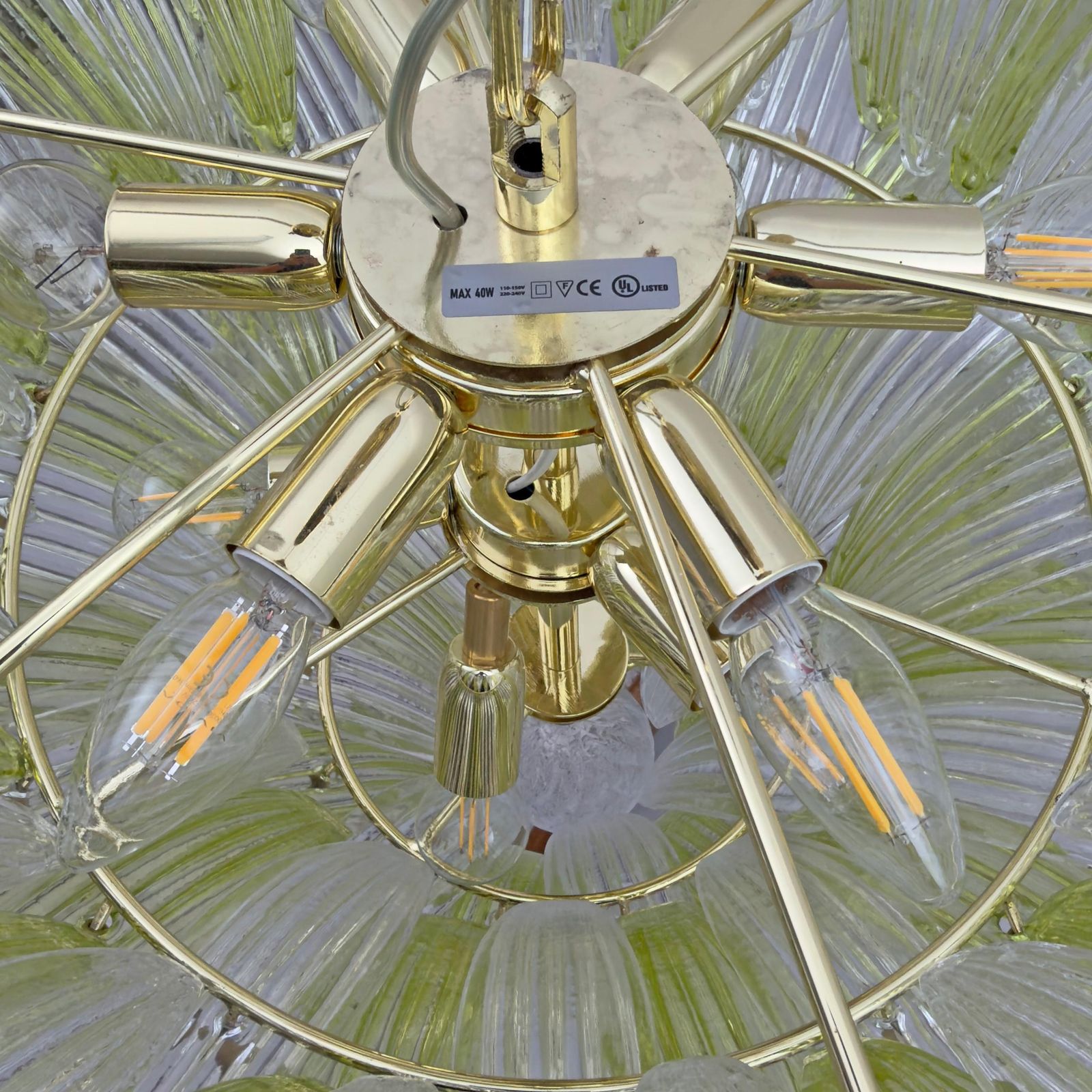 photo for sale Mid-Century Murano glazen palmette-kroonluchter in groen en helder glas, Italië