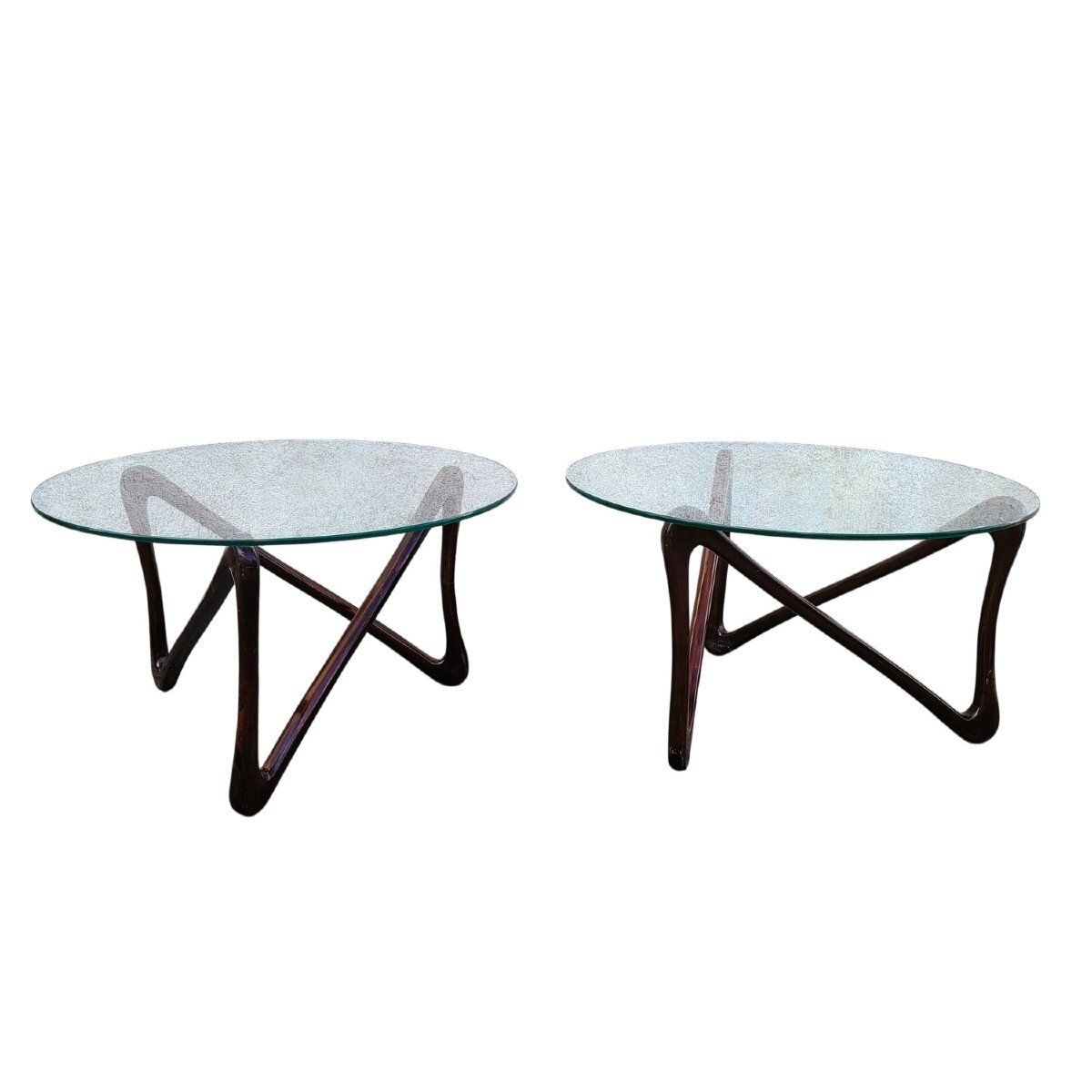 Paire de tables basses en bois et verre, design du XXe siècle