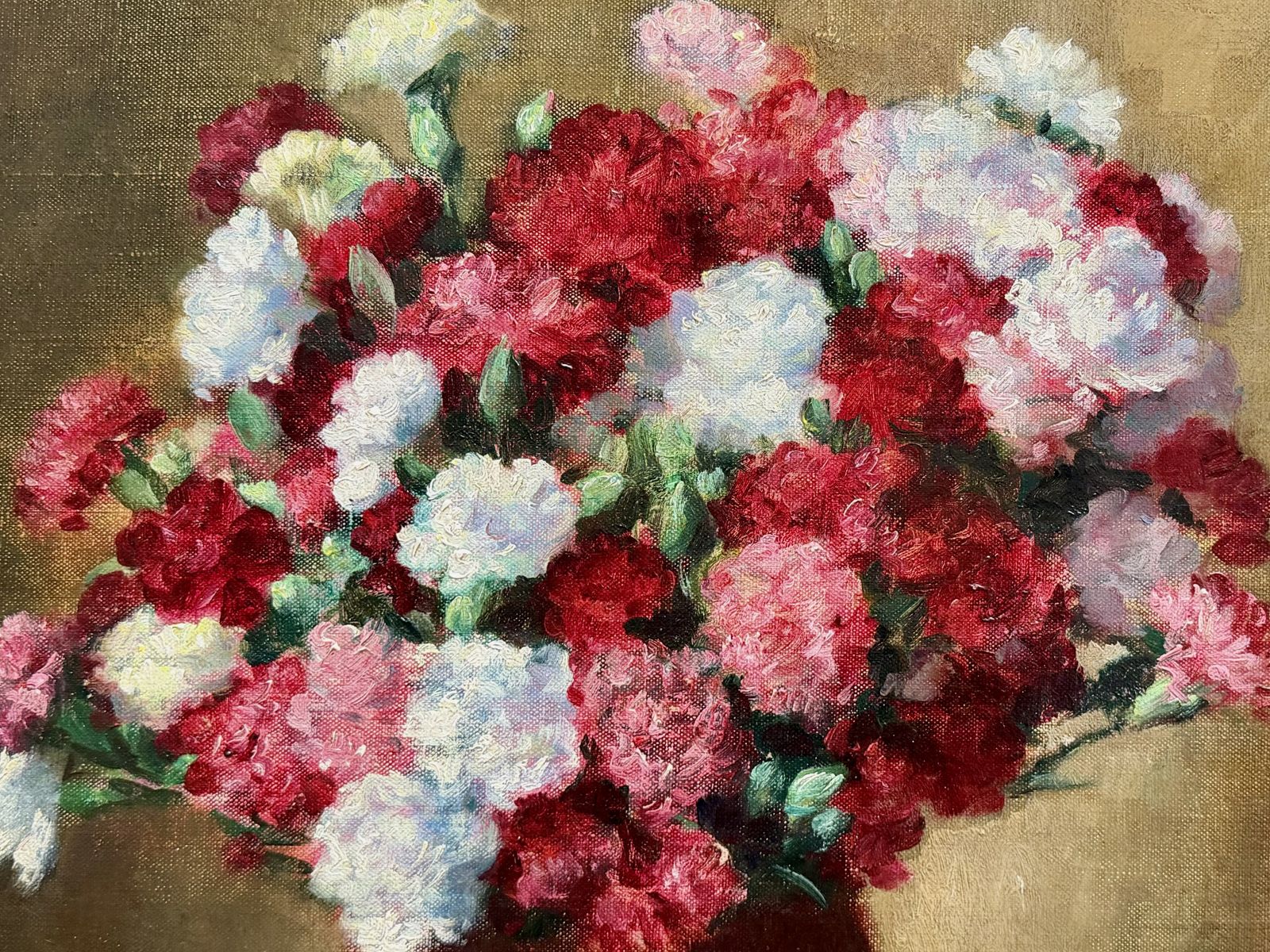 'Bouquet Of Carnations On A Gingham Tablecloth' By Victor Abeloos (1881 – 1965) photo vintage
