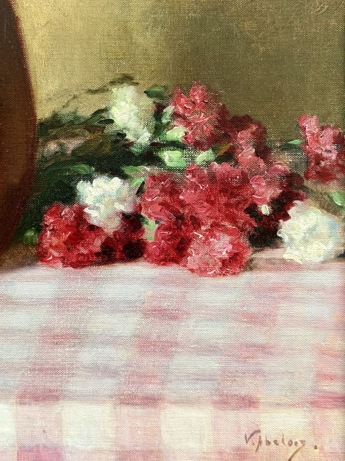 Kunst 'Bouquet Of Carnations On A Gingham Tablecloth' door Victor Abeloos (1881 – 1965) photo