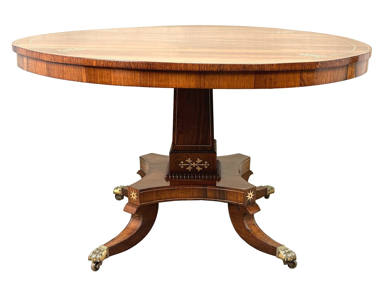 Petite table centrale ronde Regency en palissandre et laiton incrusté (Angleterre, vers 1825) photo furniture