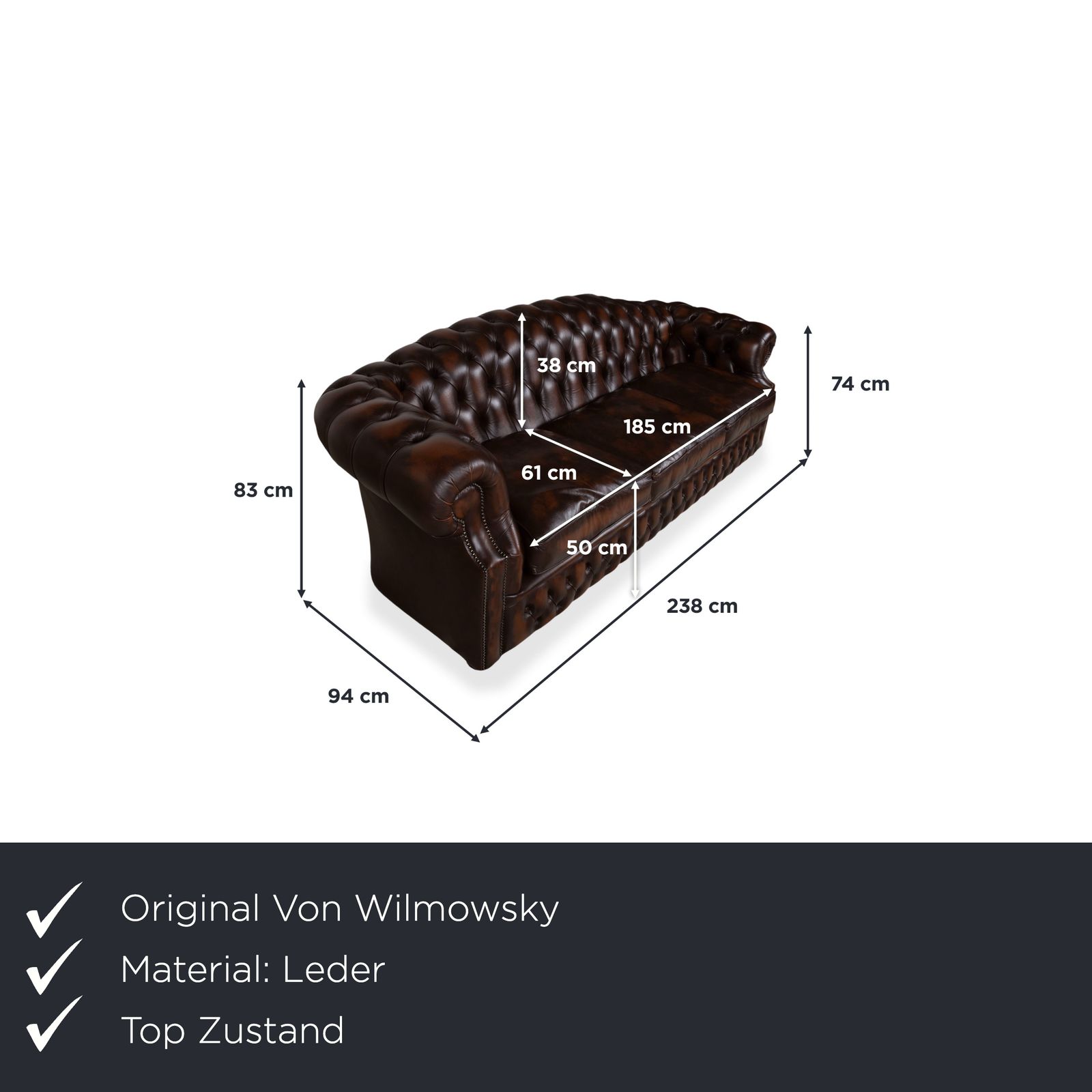 Von Wilmowky Yates Chesterfield Leather Sofa Four Seater Brown Vintage photo furniture