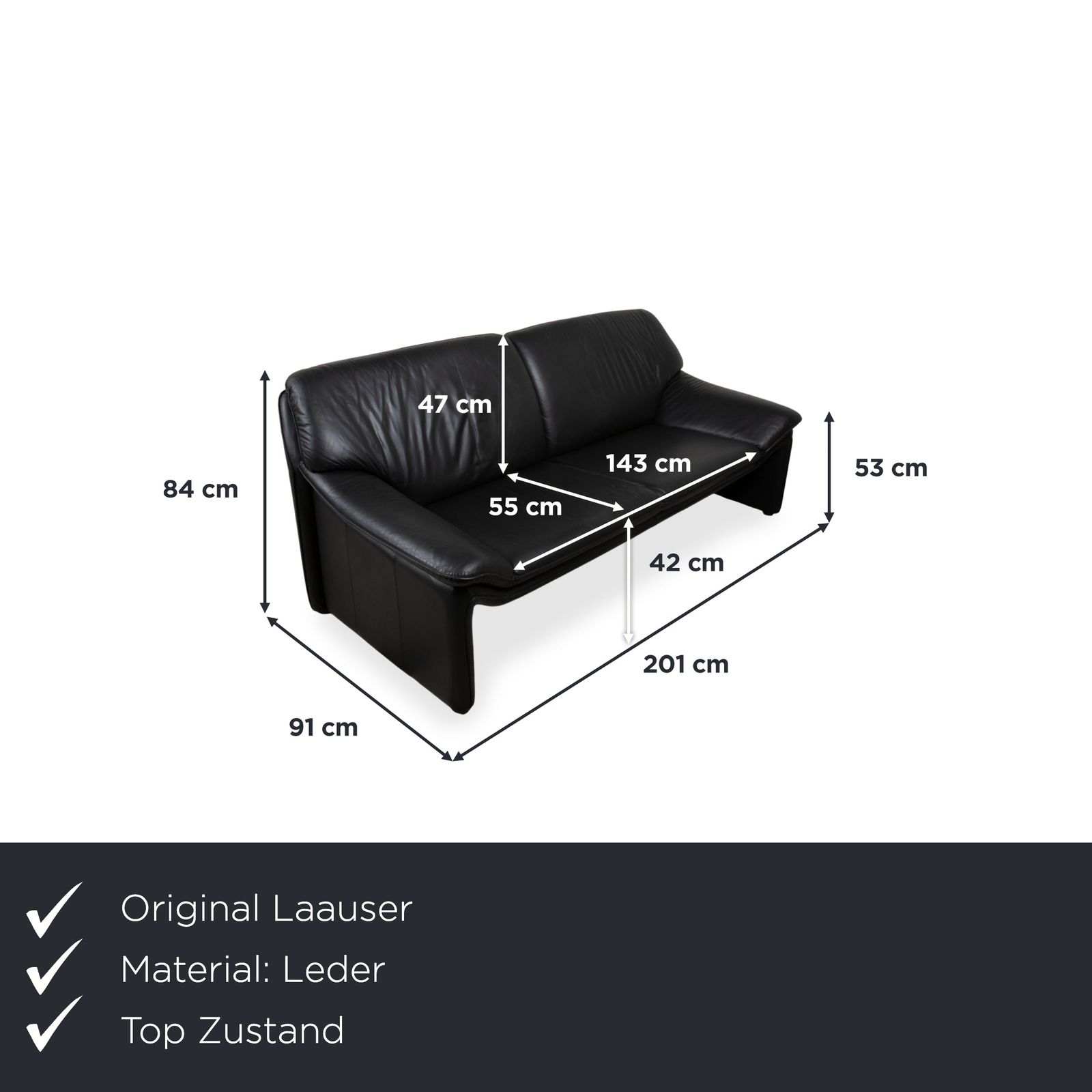 Canapé design Laauser Atlanta en cuir noir, 3 places photo furniture