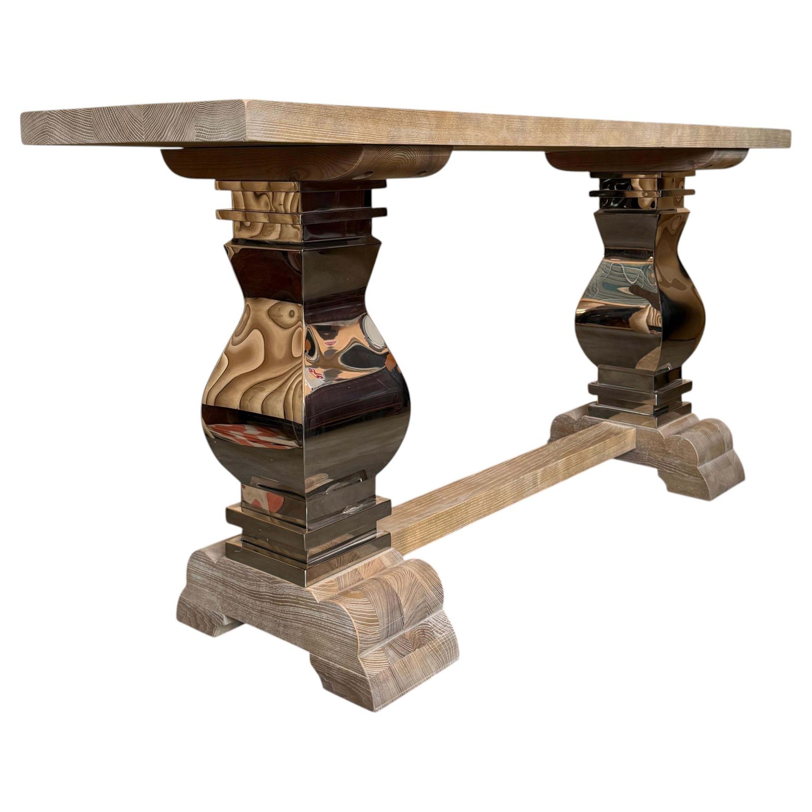 Table à manger moderne en bois massif, pieds centraux en métal poli sculpturaux